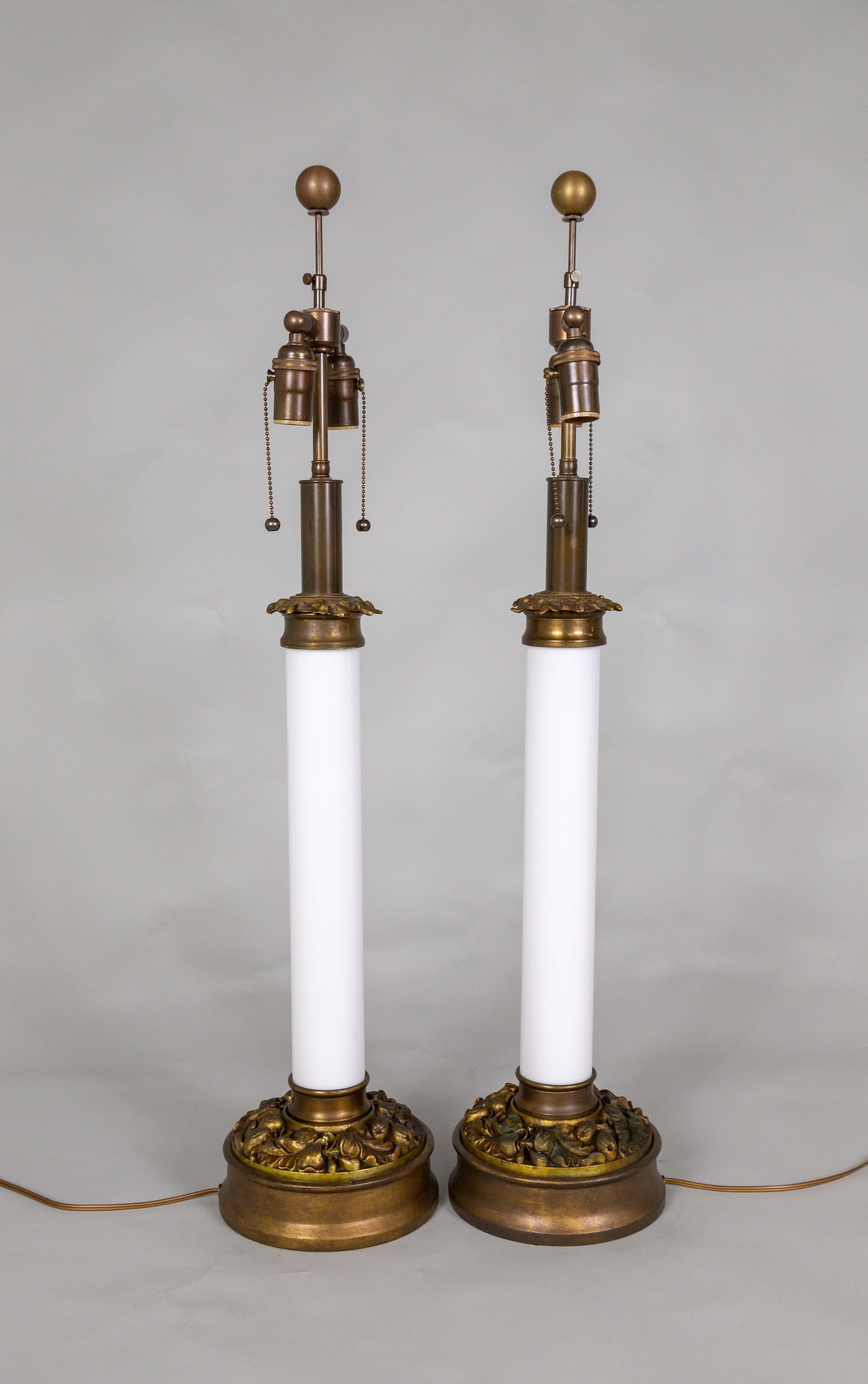 Large Custom Milk Glass Table Lamps w/ Brass Foliate Bases by Paul Hanson Co.  For Sale 2