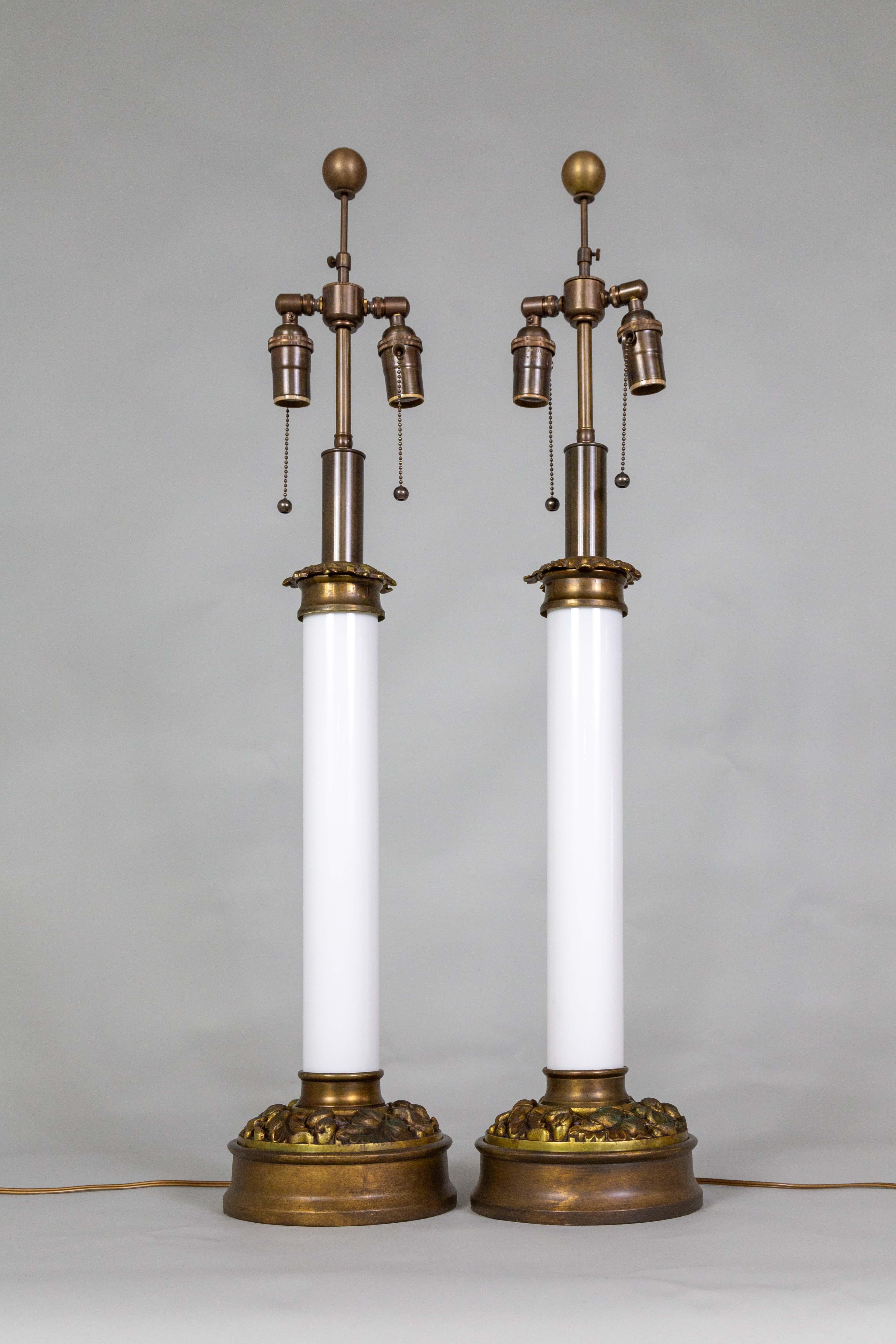 Large Custom Milk Glass Table Lamps w/ Brass Foliate Bases by Paul Hanson Co.  For Sale 4