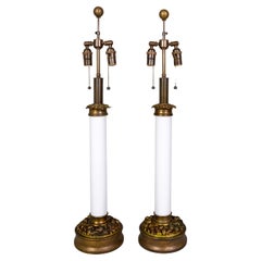 Vintage Large Custom Milk Glass Table Lamps w/ Brass Foliate Bases by Paul Hanson Co. 