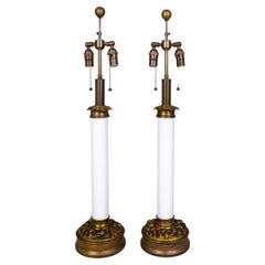 Large Custom Milk Glass Table Lamps w/ Brass Foliate Bases by Paul Hanson Co.