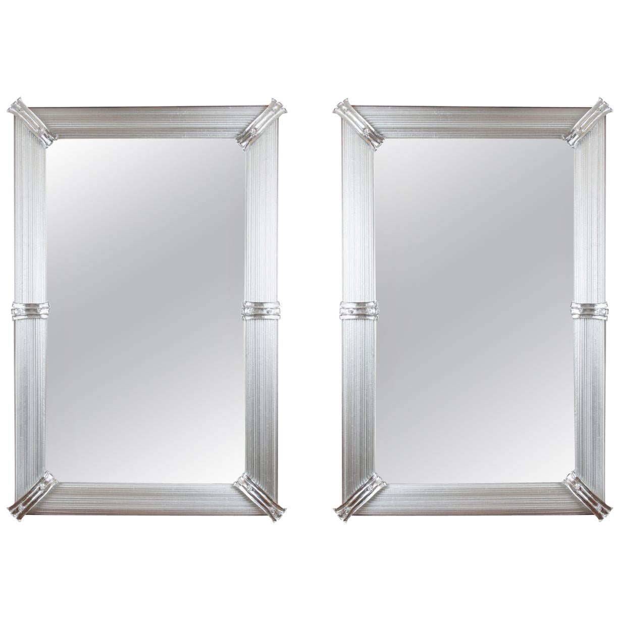 Gran Pareja de Espejos Soplados Artesanales de Murano en Cristal/Plata,  Contemporáneo