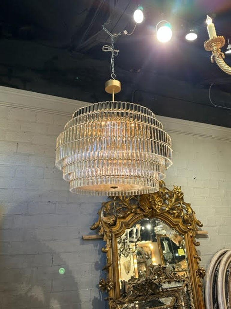 Very fine large scale Murano glass and drum chandelier. Featuring 5 tiers of crystals. A gorgeous fixture that could work with traditional or modern decor. A glistening beauty!!