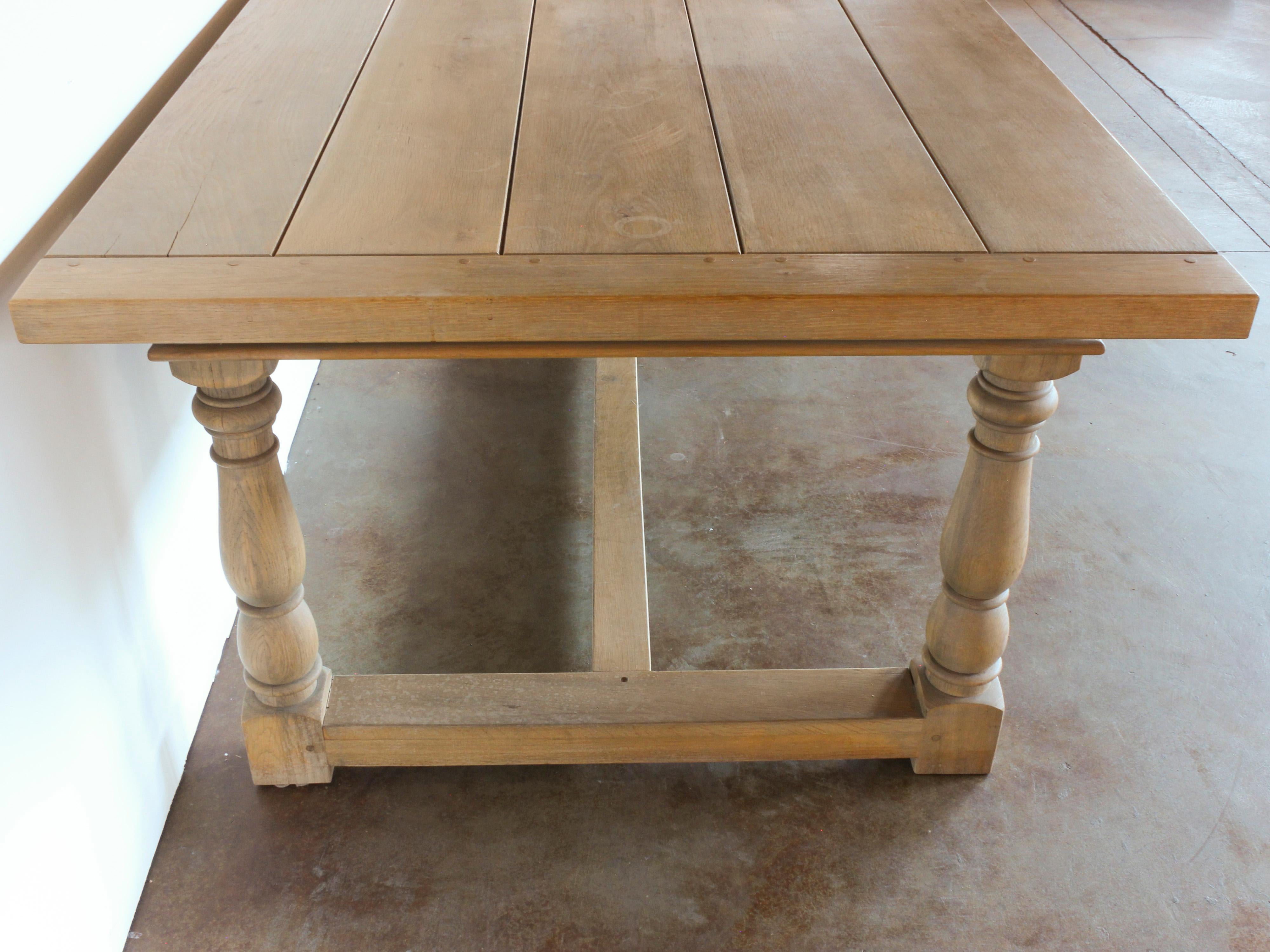 Large Custom Oak Plank-Top Dining Table with Carved Spindle Legs and Stretchers 6