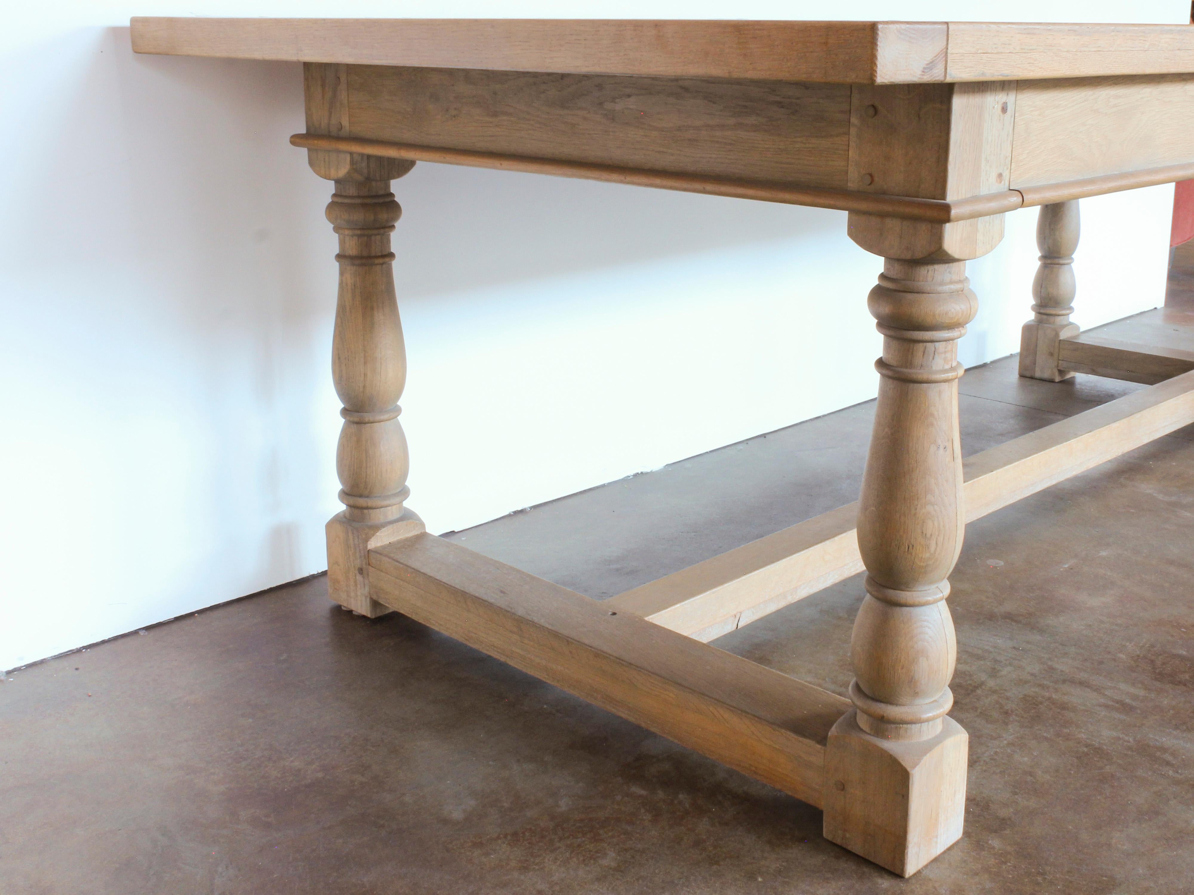 Large Custom Oak Plank-Top Dining Table with Carved Spindle Legs and Stretchers 8