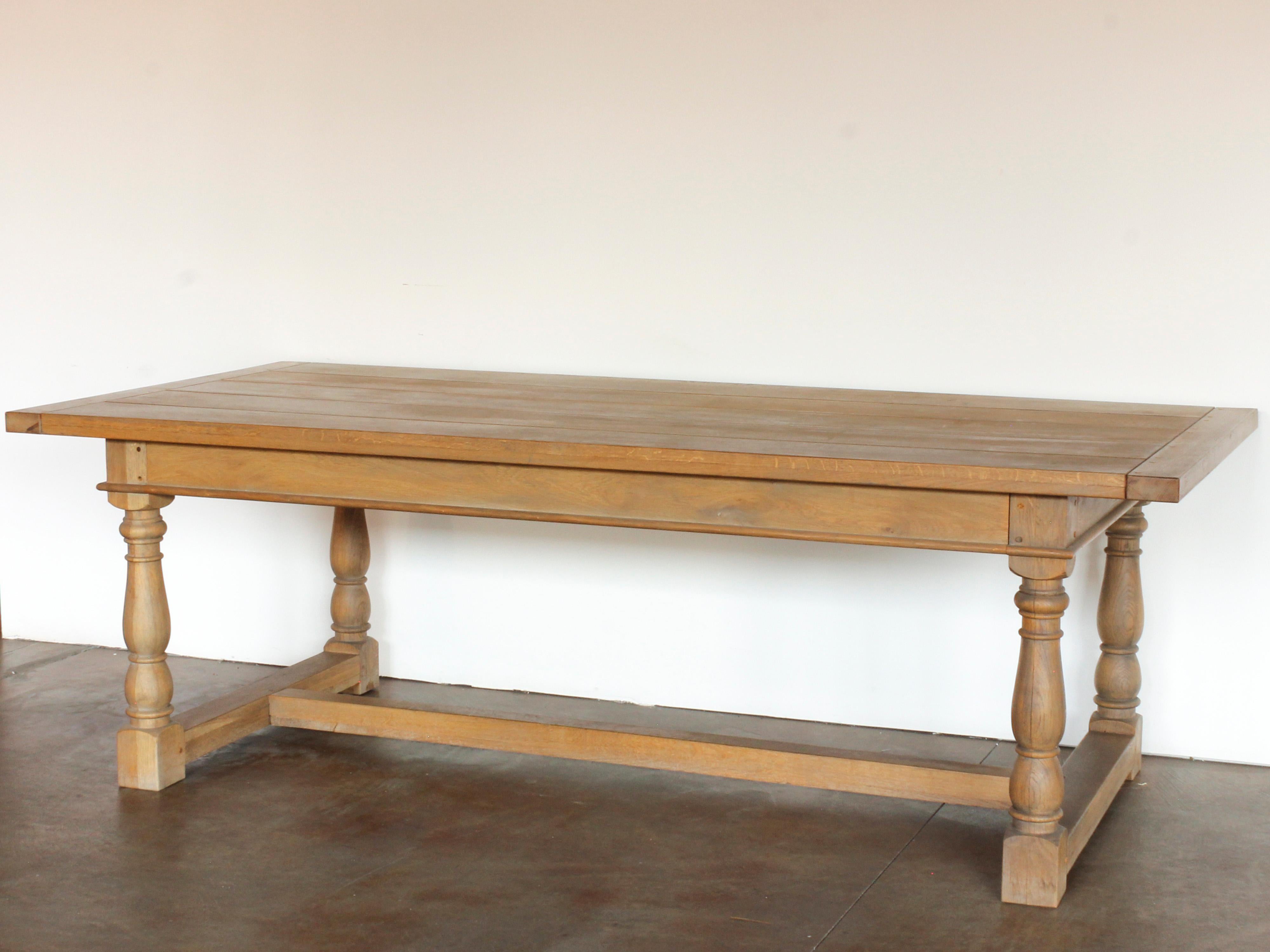 American Large Custom Oak Plank-Top Dining Table with Carved Spindle Legs and Stretchers