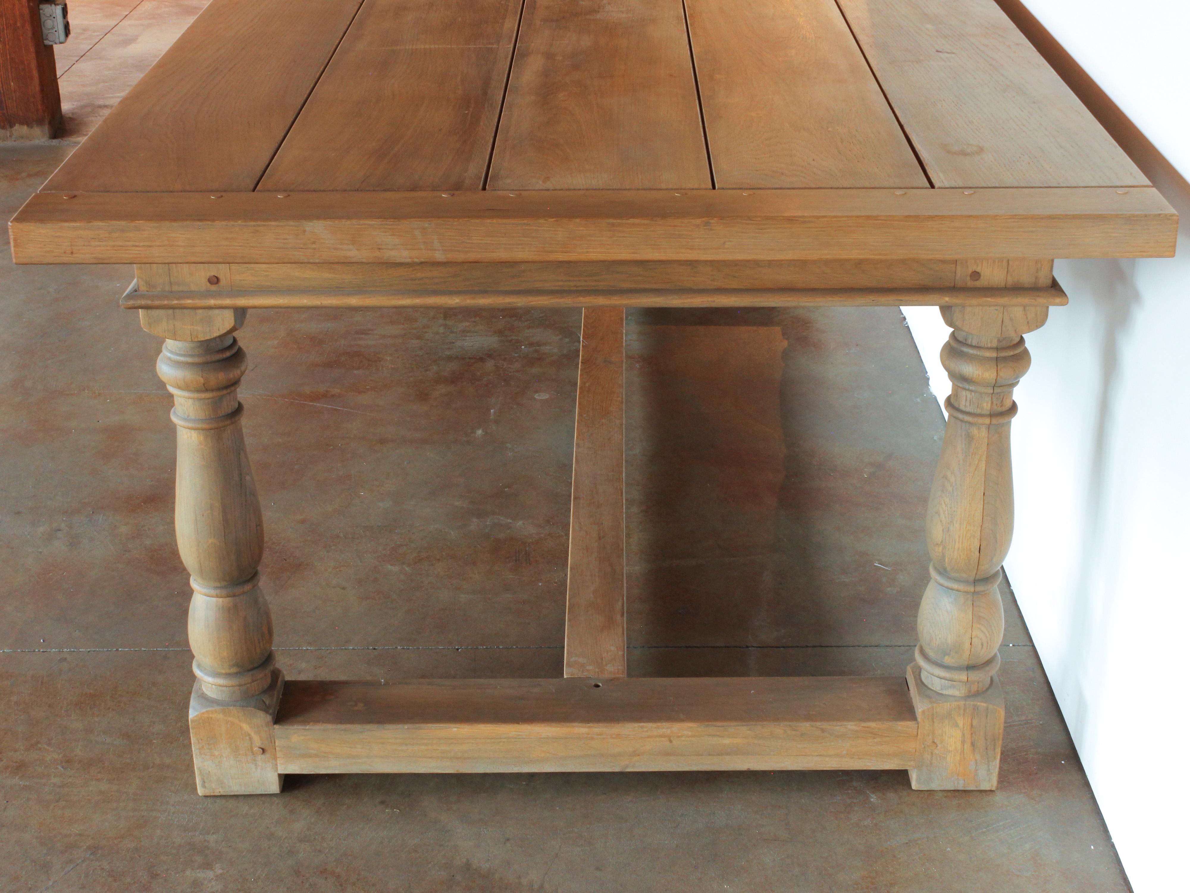 Contemporary Large Custom Oak Plank-Top Dining Table with Carved Spindle Legs and Stretchers