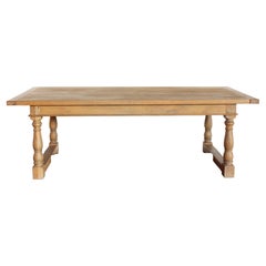 Large Custom Oak Plank-Top Dining Table with Carved Spindle Legs and Stretchers