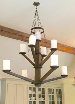 Large Custom Wood Chandelier with Glass Cylinder Shades