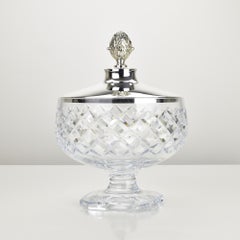 Grande ciotola Bonbonnière in cristallo tagliato w. Coperchio in argento sterling, pinna d'ananas