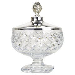 Large Cut Crystal Bonbonnière Bowl w. Sterling Silver Lid, Pineapple Finial