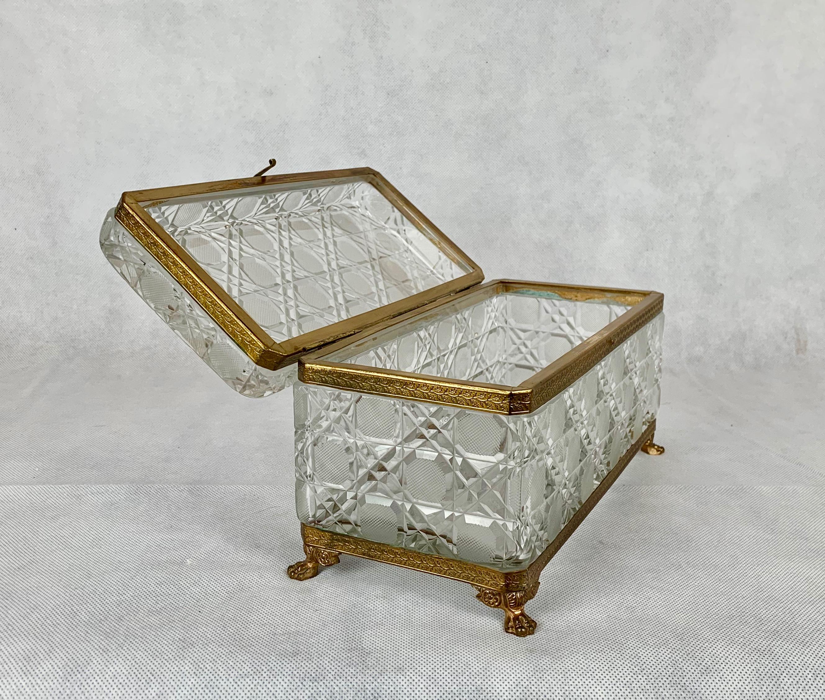 French  Large Cut Crystal Box with a Gilt Frame in the Cane or Hobnail Pattern