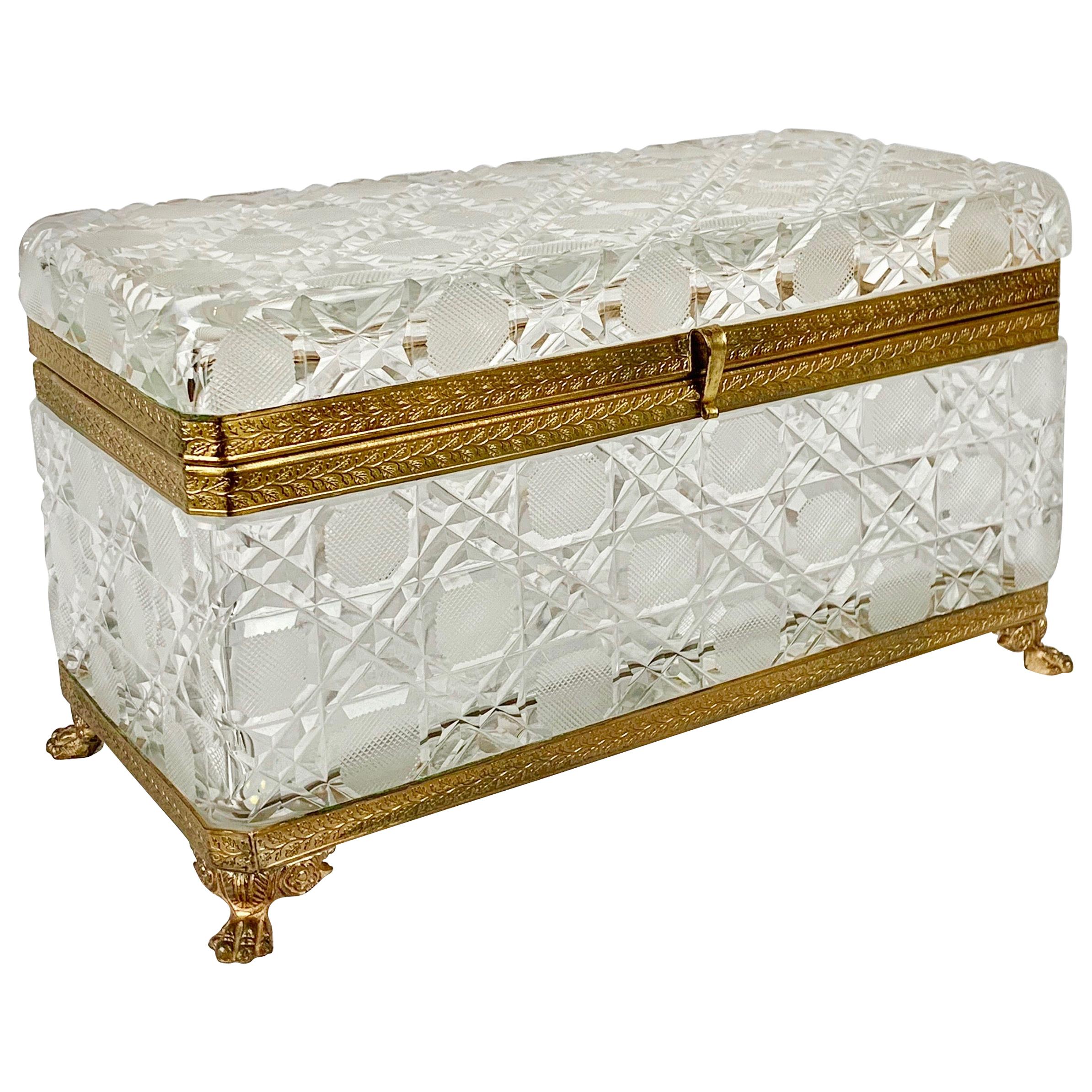 Large Cut Crystal Box with a Gilt Frame in the Cane or Hobnail Pattern