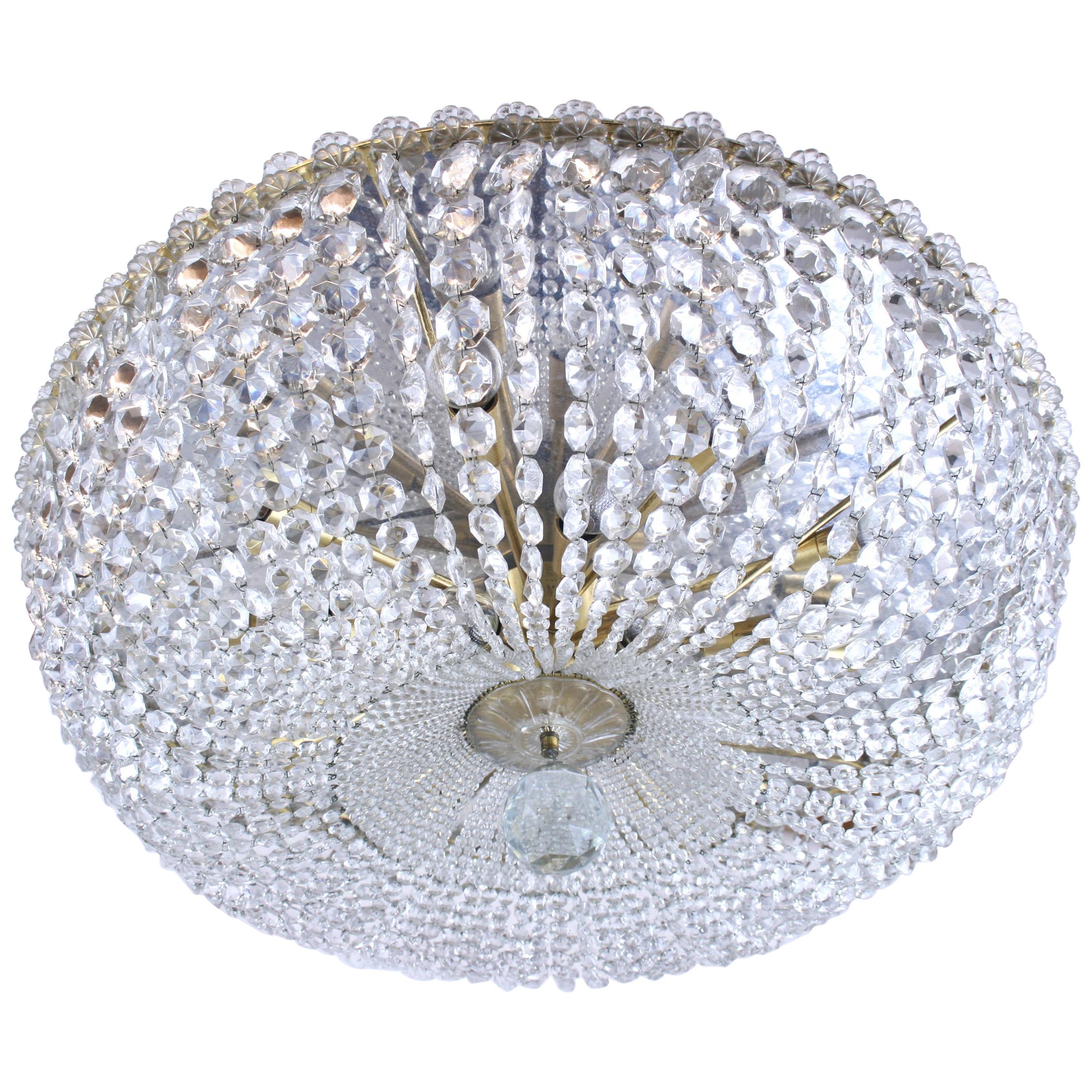Large Cut Crystal Brass Chandelier in the Style of Lobmeyr, Vienna Pendant