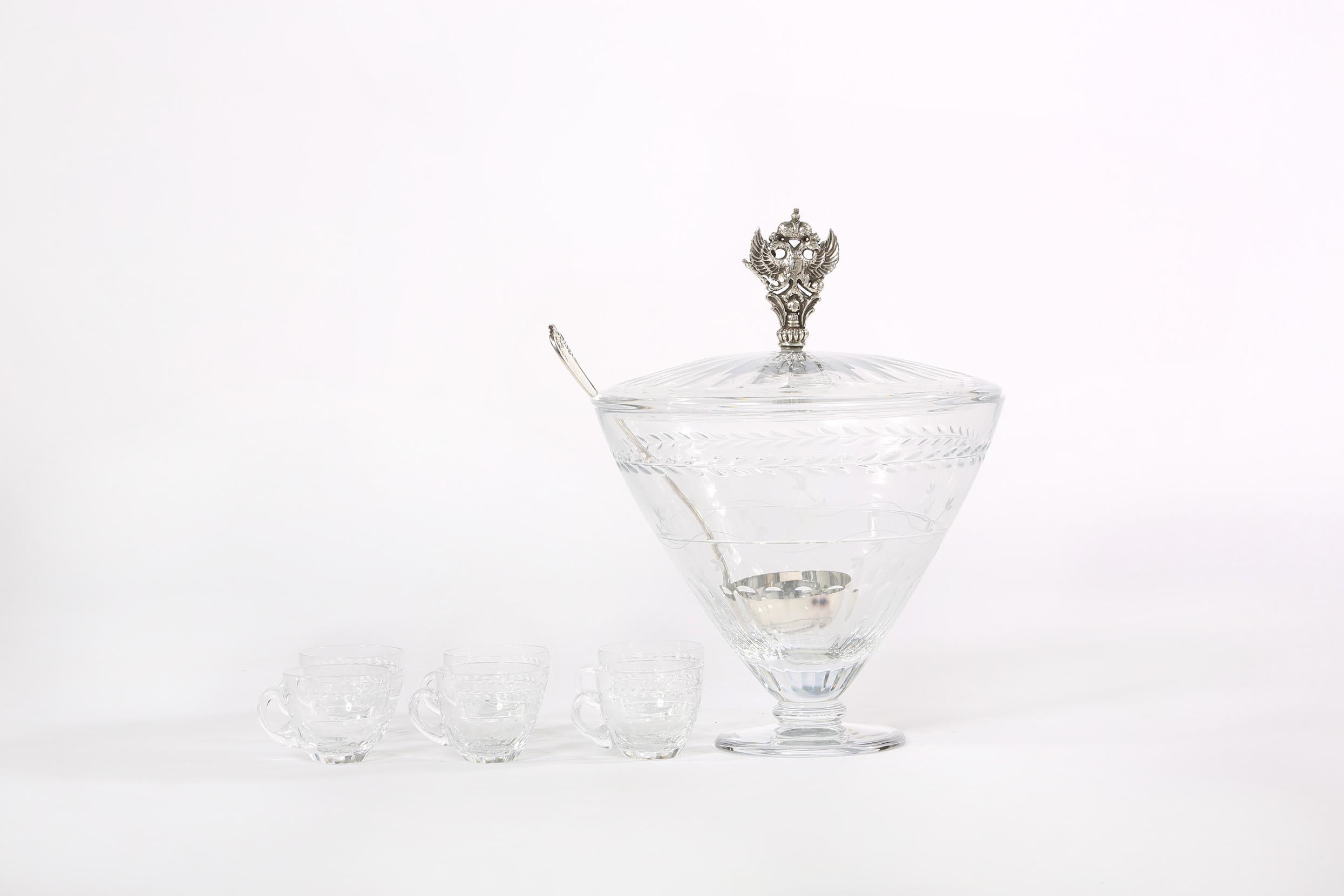 Large Cut Crystal Covered Punch Bowl Service / 8 People For Sale 3