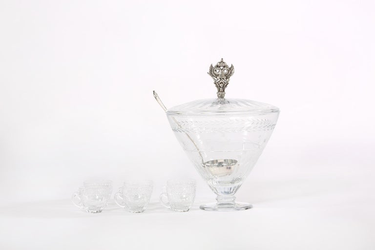 Large Cut Crystal Covered Punch Bowl Service / 8 People For Sale 6