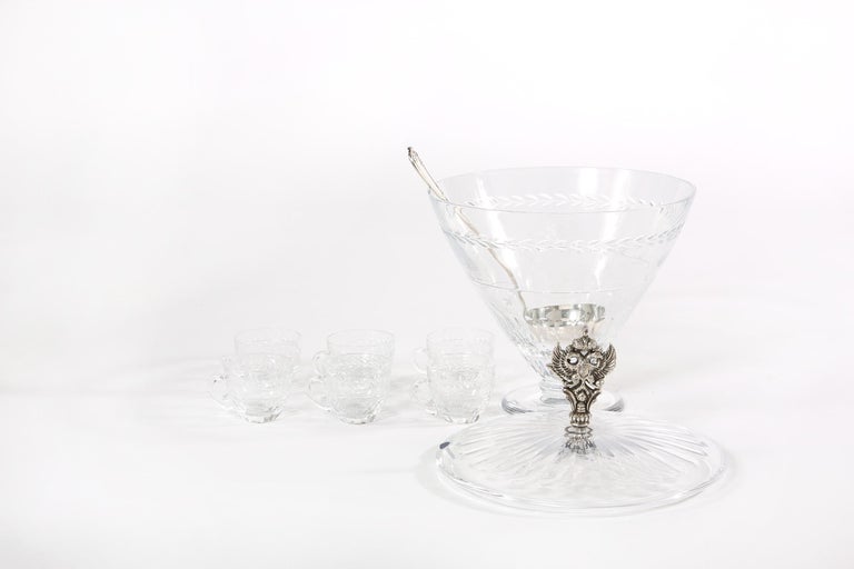European Large Cut Crystal Covered Punch Bowl Service / 8 People For Sale