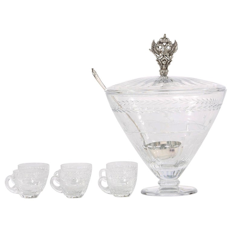 Large Cut Crystal Covered Punch Bowl Service / 8 People For Sale