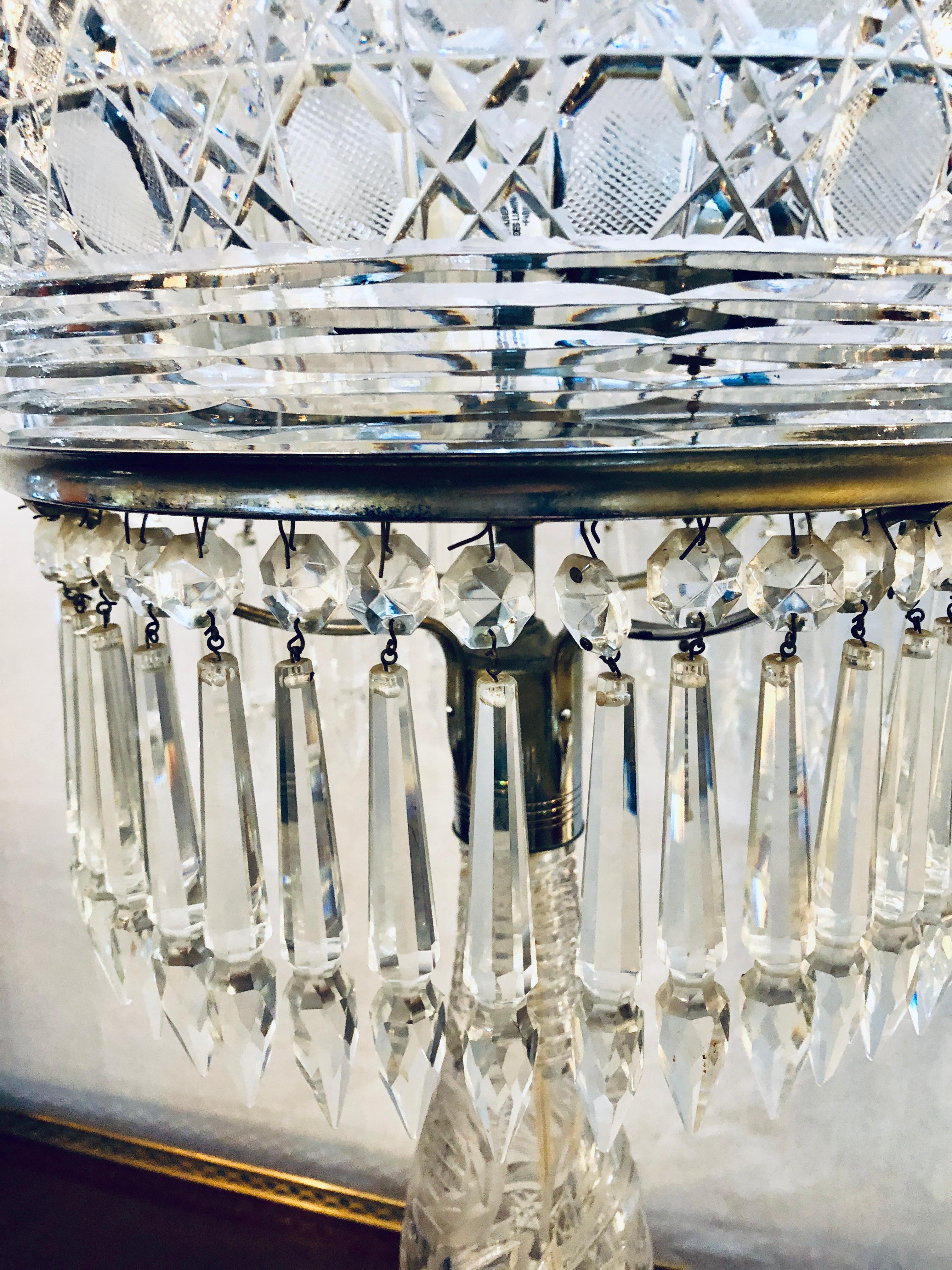 Large Cut Glass and Crystal Domed Shaded Table Lamp In Good Condition In Manhasset, NY
