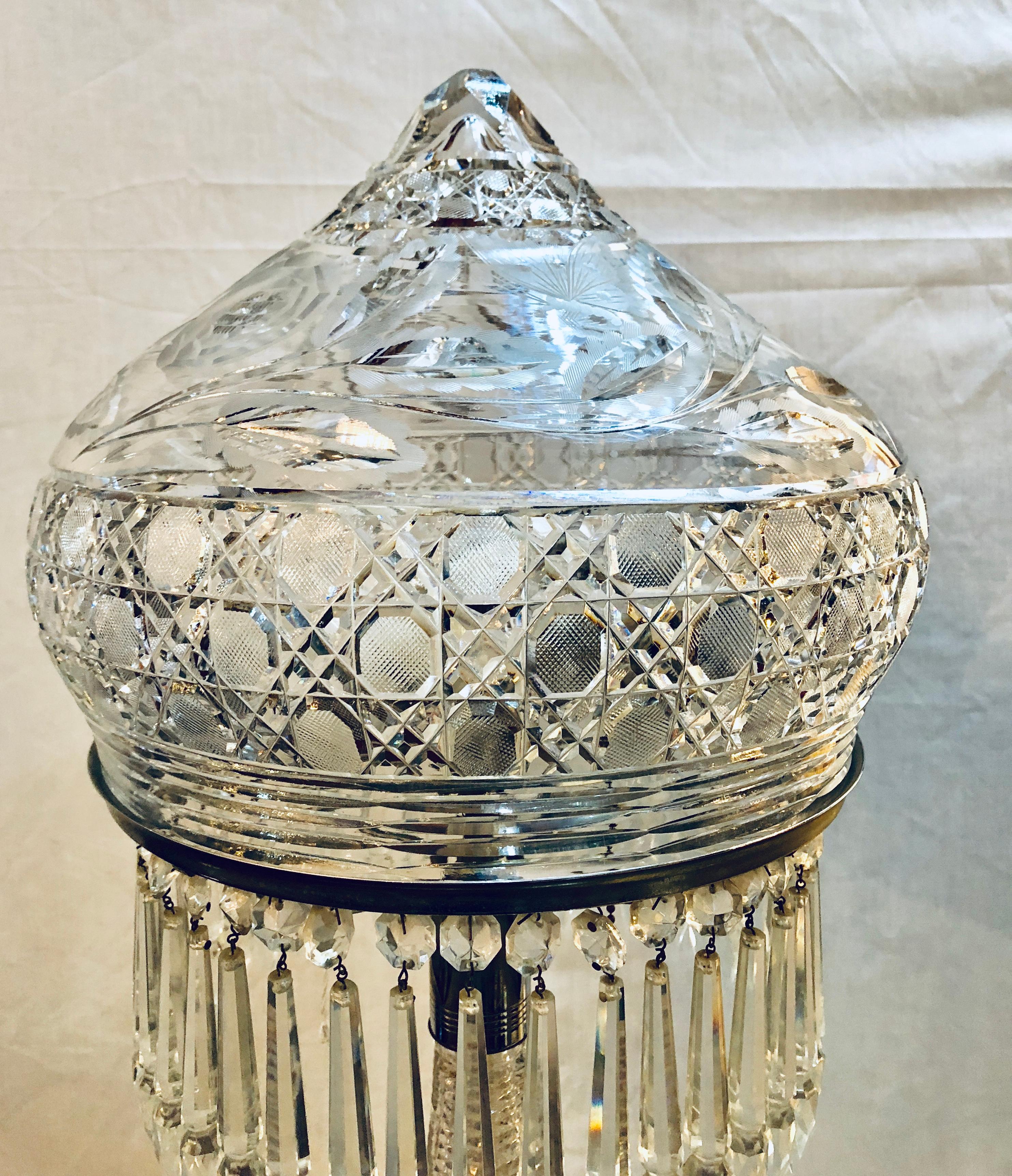20th Century Large Cut Glass and Crystal Domed Shaded Table Lamp