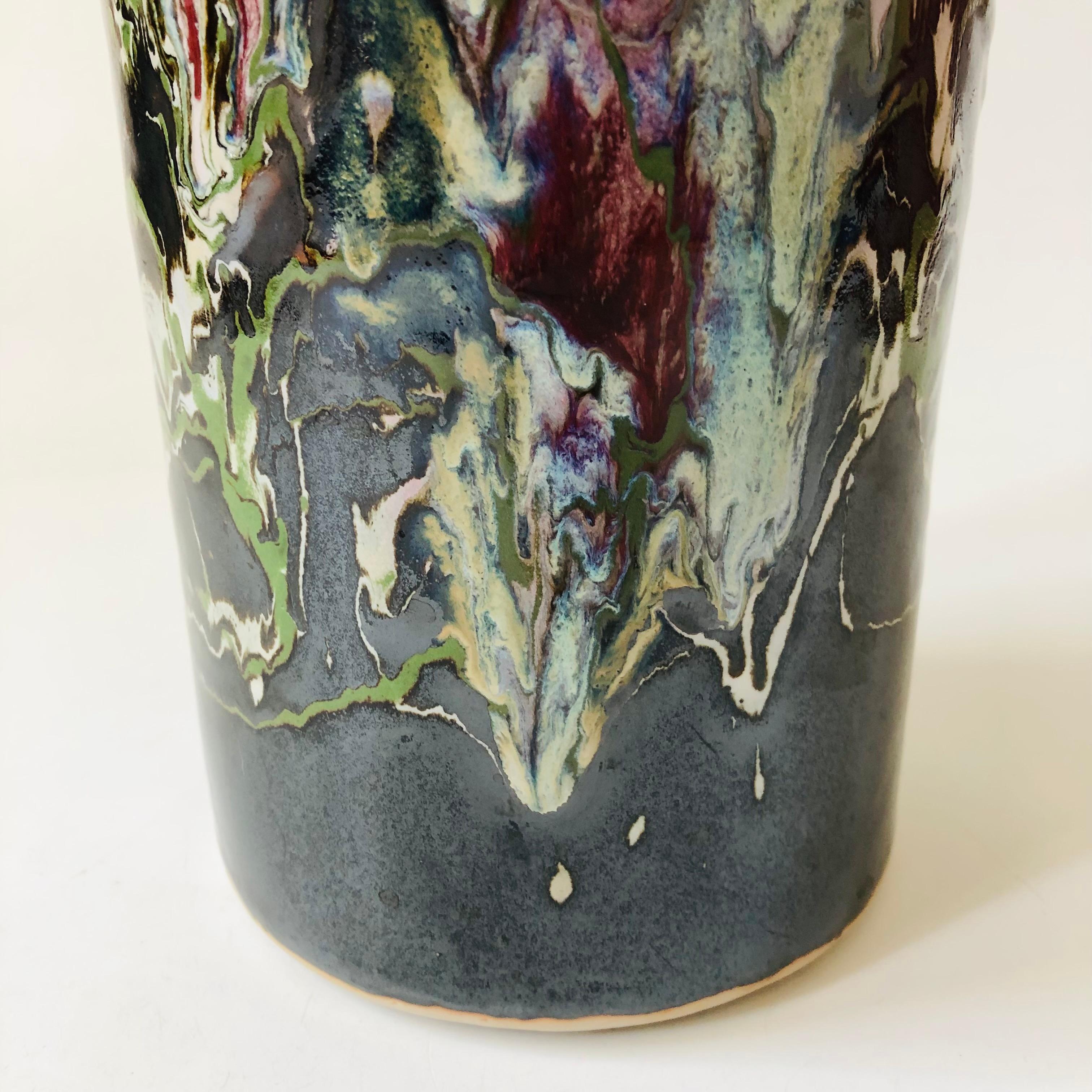 Large Cylinder Drip Pottery Vase In Good Condition For Sale In Vallejo, CA