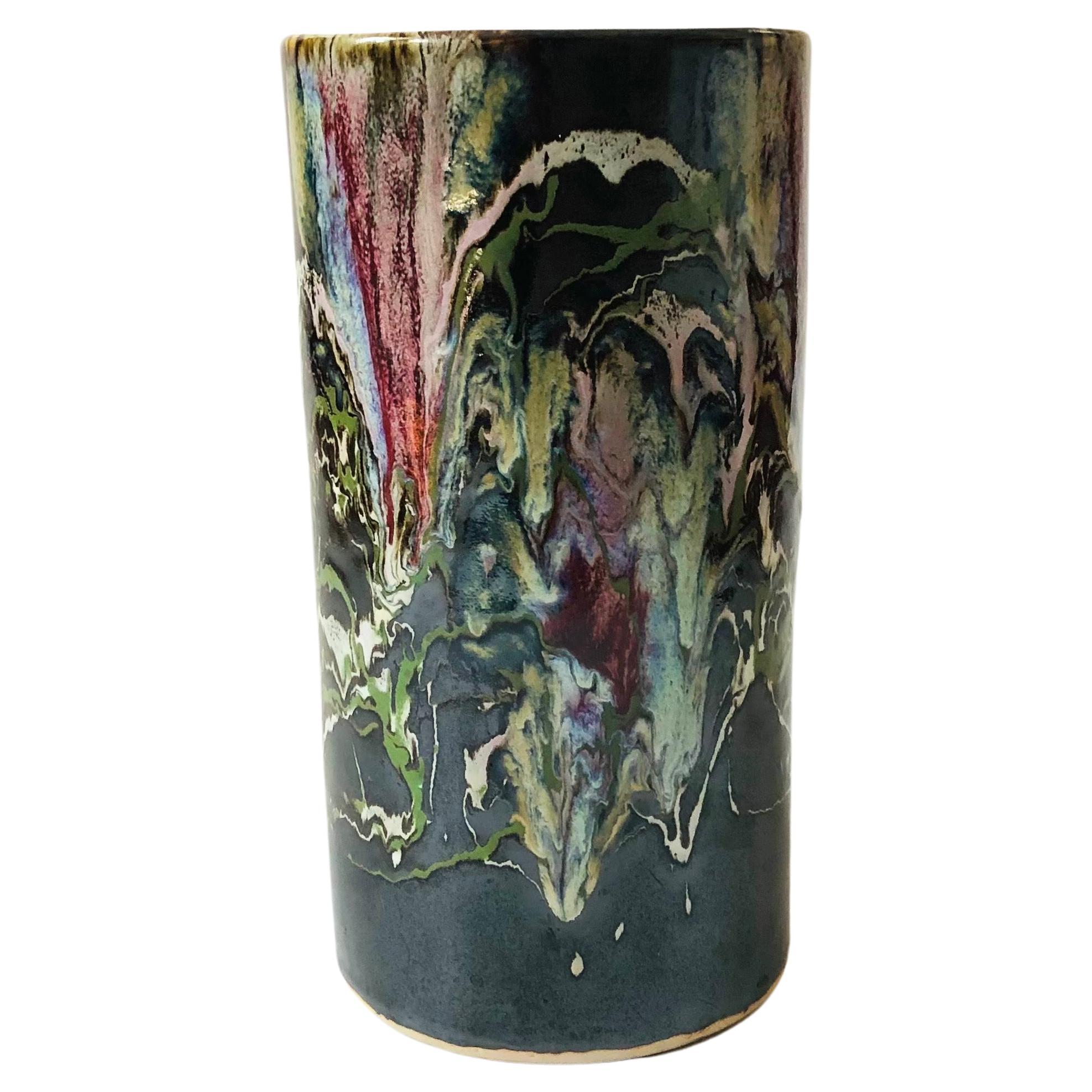 Large Cylinder Drip Pottery Vase For Sale