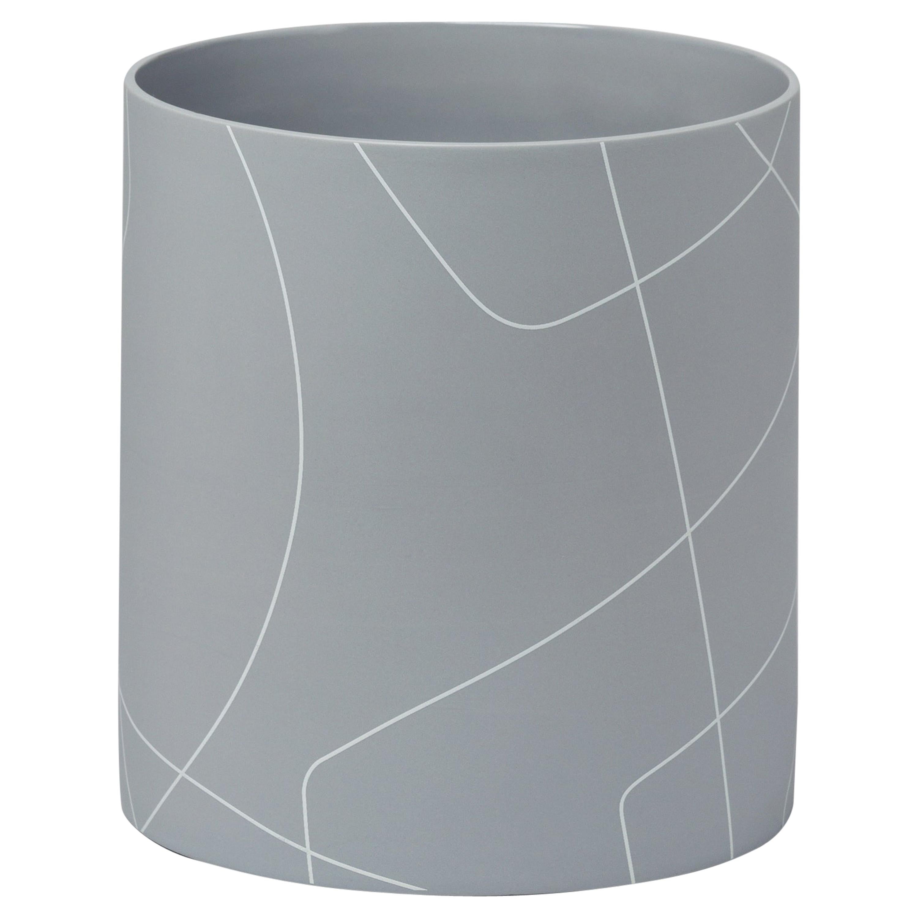 Large Medium Grey Cylinder Ceramic Vase with Graphic Line Pattern For Sale