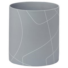 Large Medium Grey Cylinder Ceramic Vase with Graphic Line Pattern