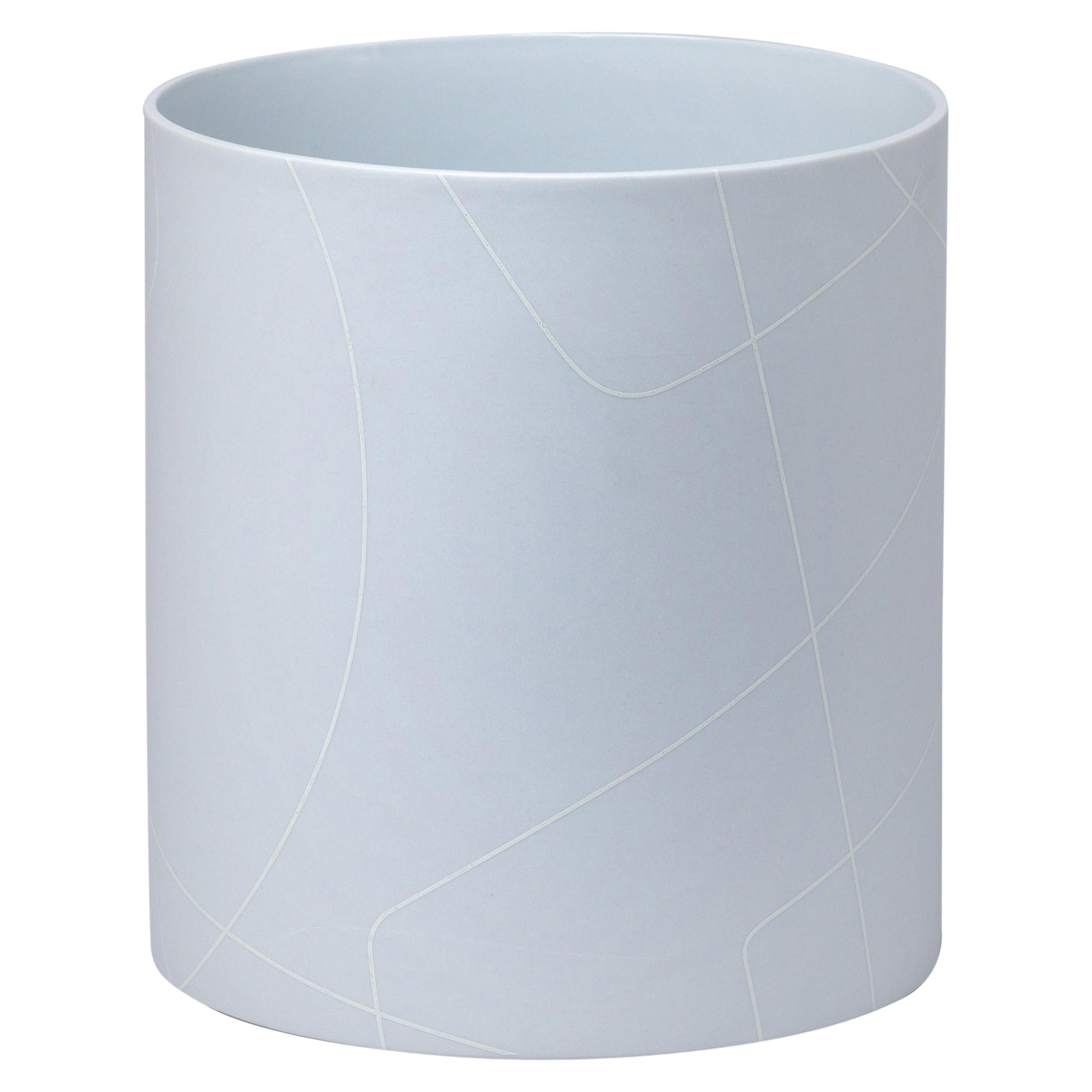 Large Light Grey Cylinder Ceramic Vase with Graphic Line Pattern For Sale