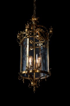 Large Cylindrical Lantern in Louis XVI Style Brass Glass Pendant Lighting XXL