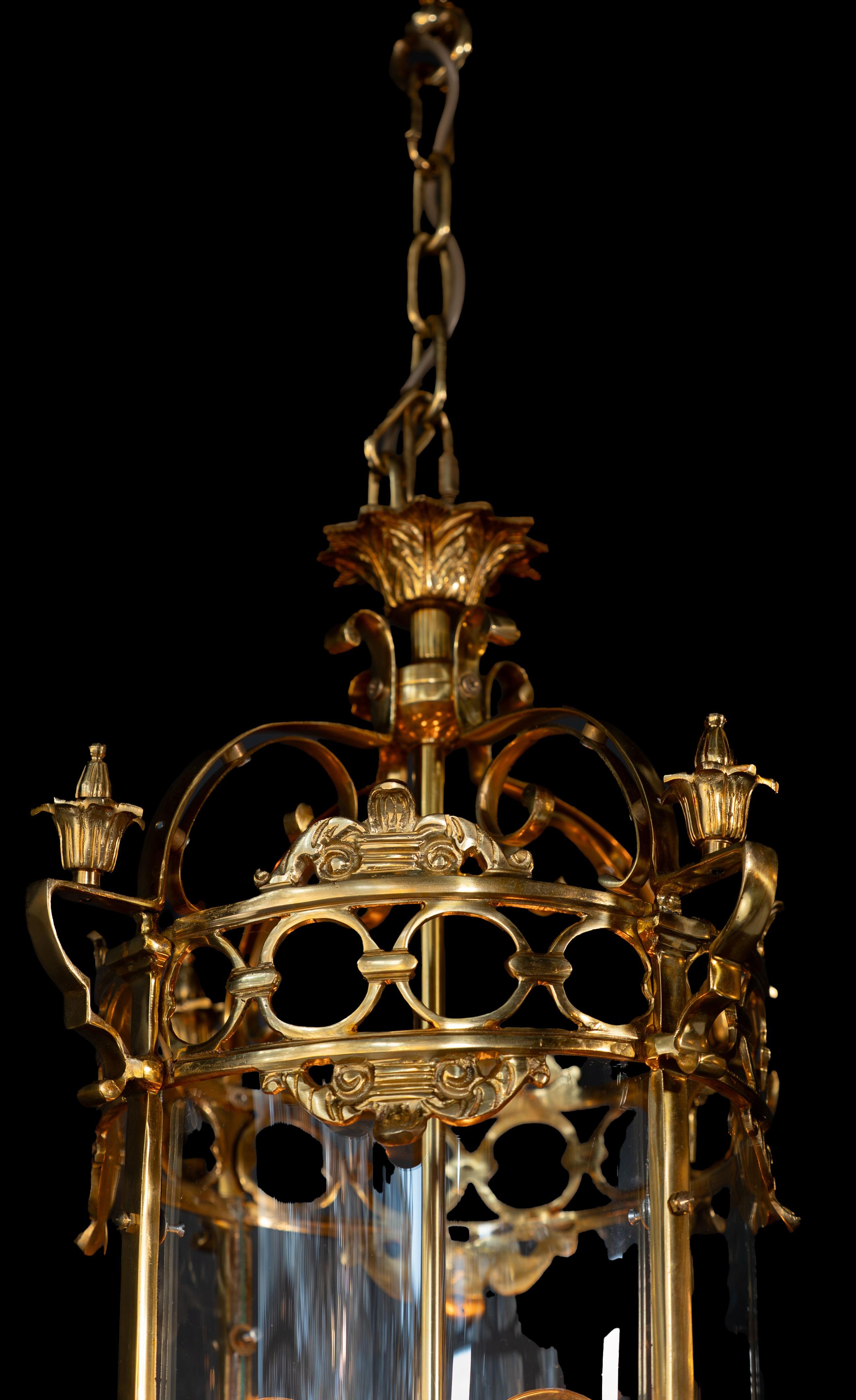 Large Cylindrical Lantern in Louis XVI Style Brass Glass Pendant Lighting XXL For Sale 2