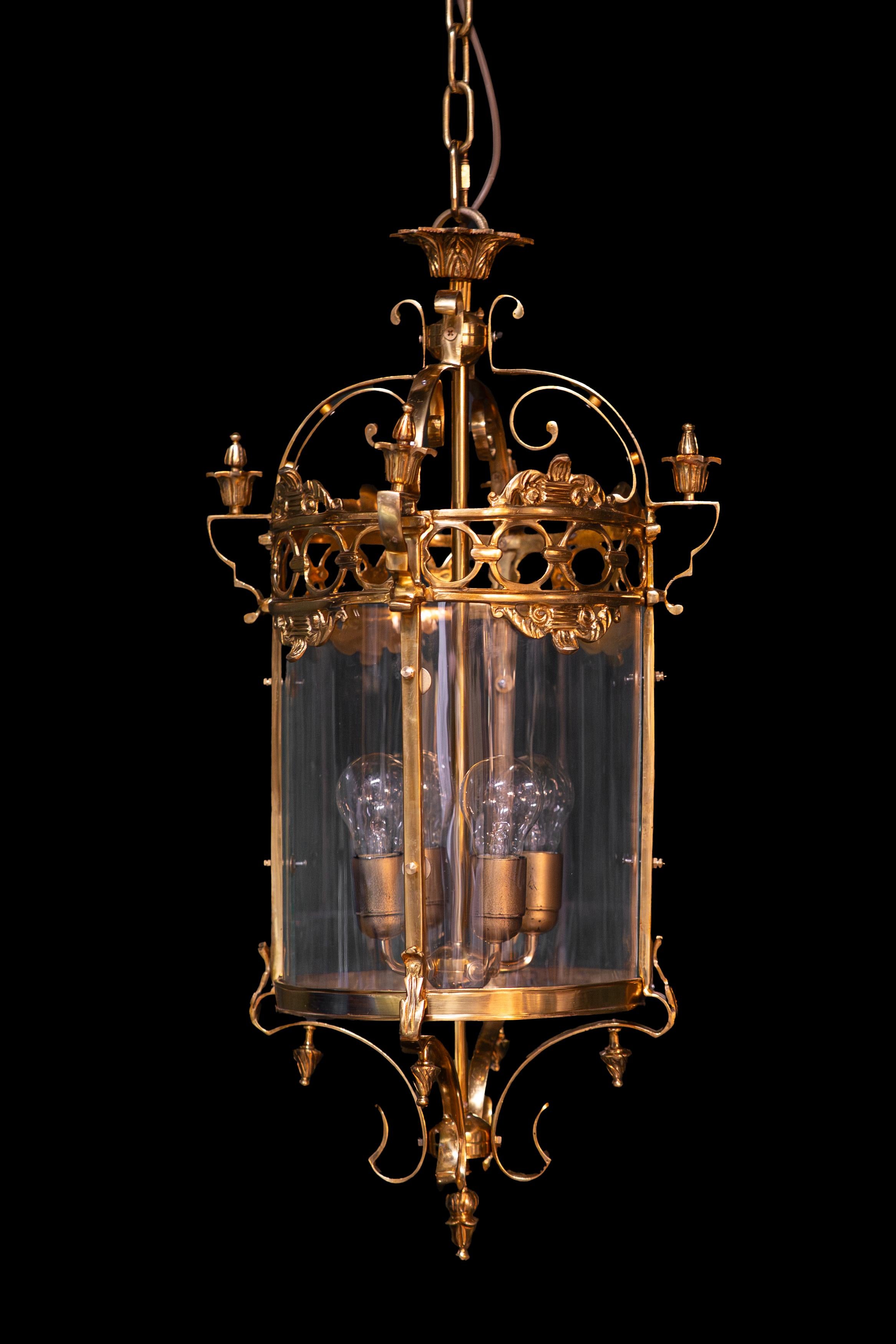 German Large Cylindrical Lantern in Louis XVI Style Brass Glass Pendant Lighting XXL For Sale