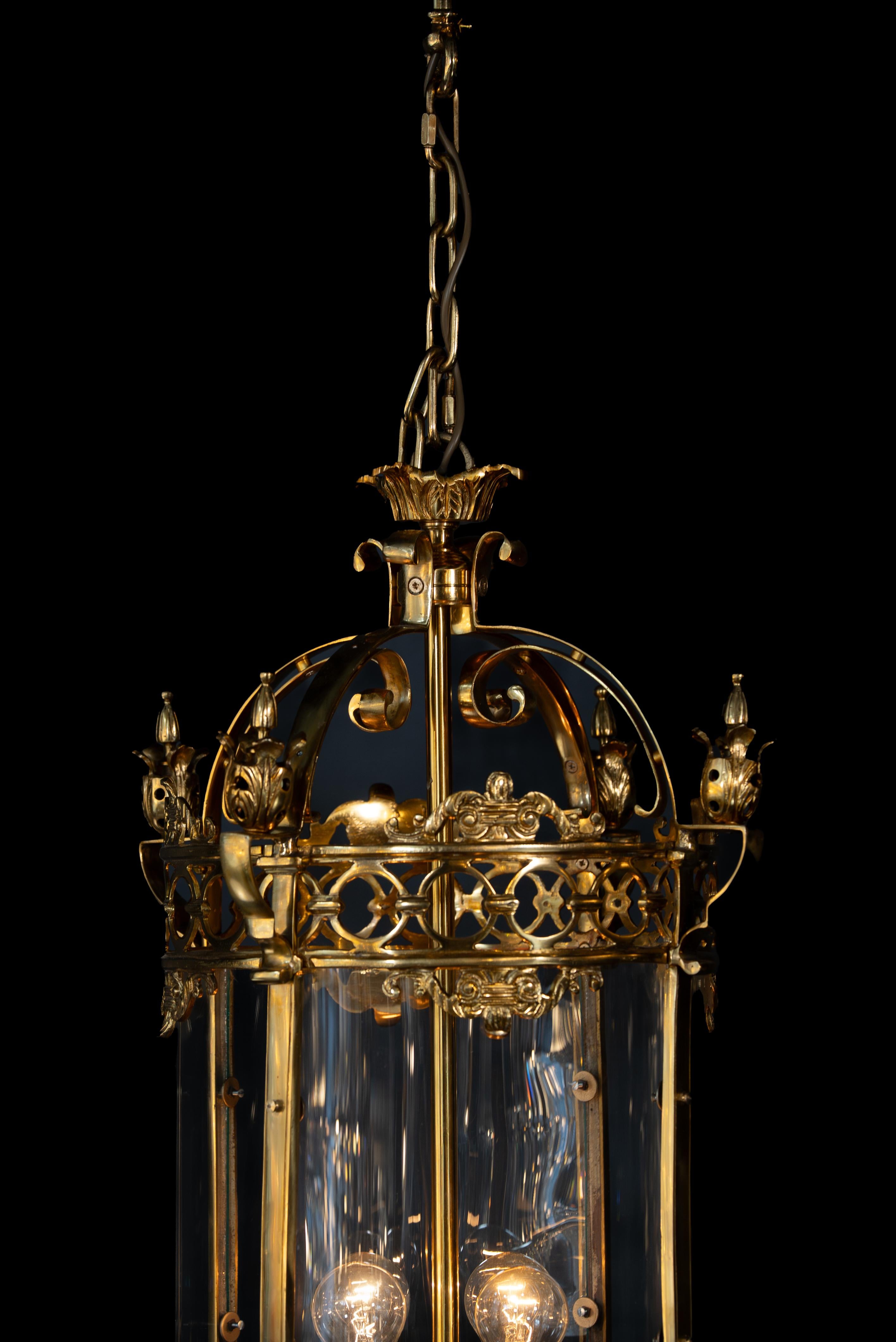Large Cylindrical Lantern in Louis XVI Style Brass Glass Pendant Lighting XXL For Sale 1