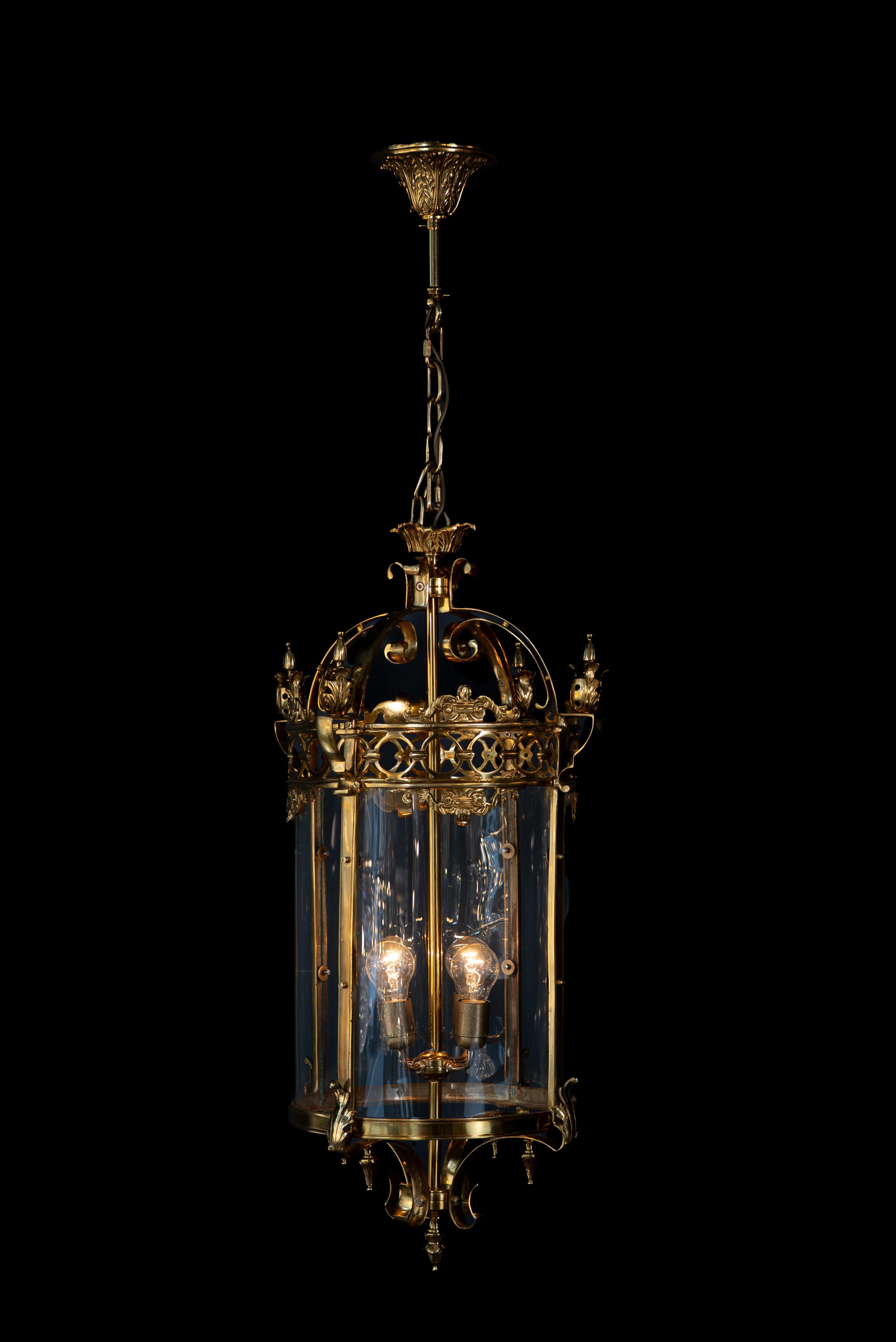 Large Cylindrical Lantern in Louis XVI Style Brass Glass Pendant Lighting XXL In New Condition For Sale In Berlin, DE