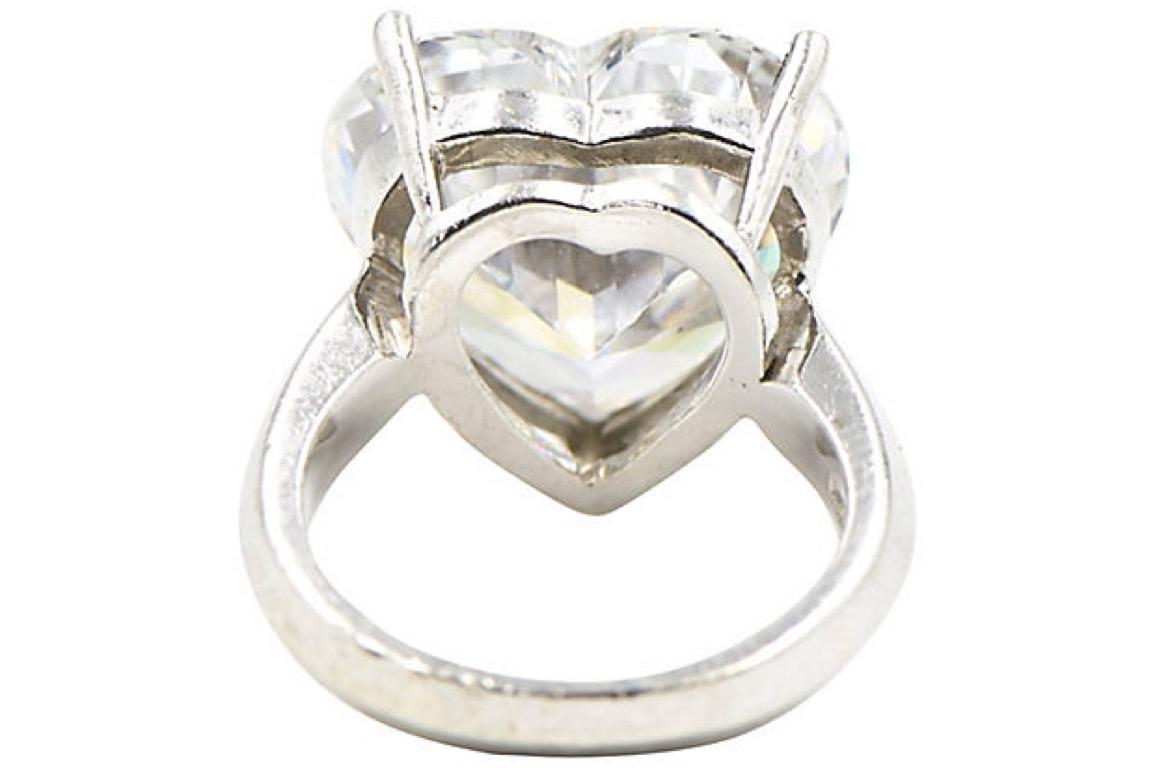 Women's or Men's Large CZ Heart Sterling Silver Cocktail Solitaire Ring For Sale