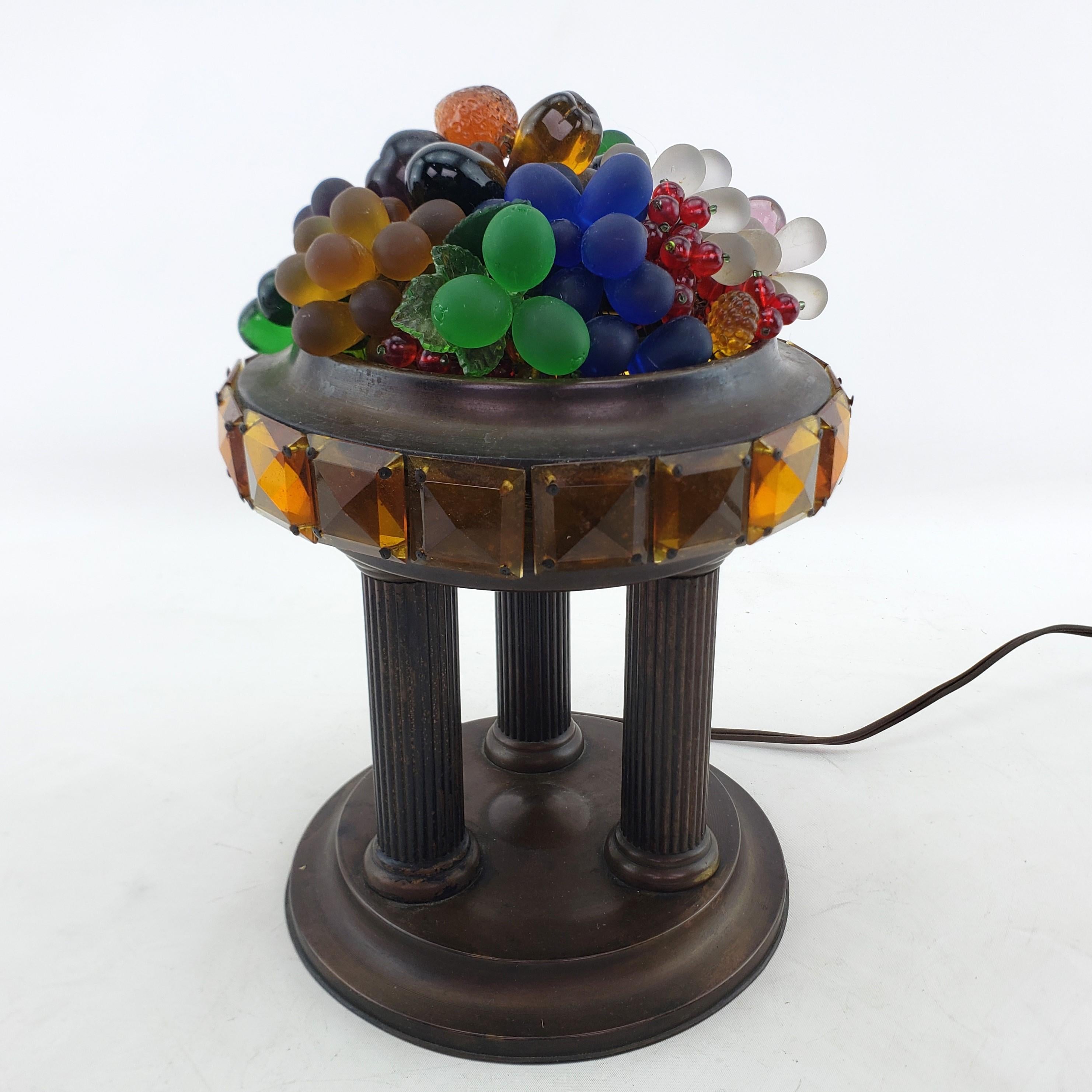 Cold-Painted Large Czech Republic Glass Fruit Basket on Columned Base Accent Light or Lamp For Sale
