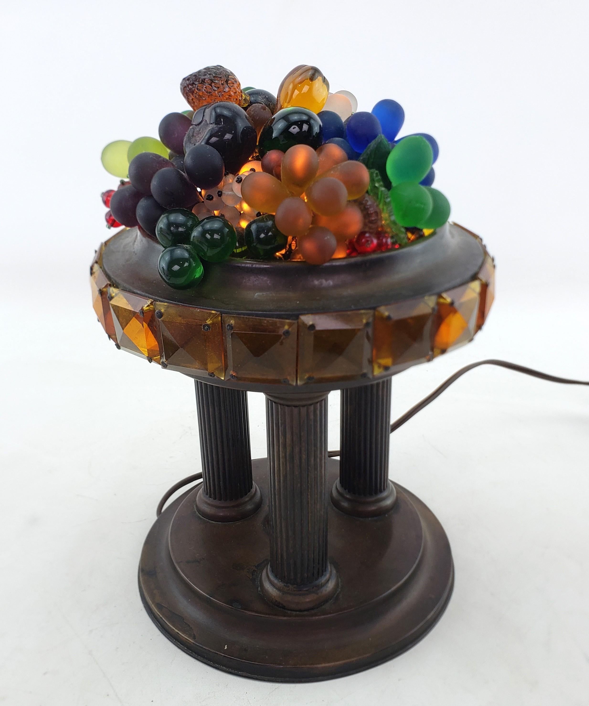 20th Century Large Czech Republic Glass Fruit Basket on Columned Base Accent Light or Lamp For Sale