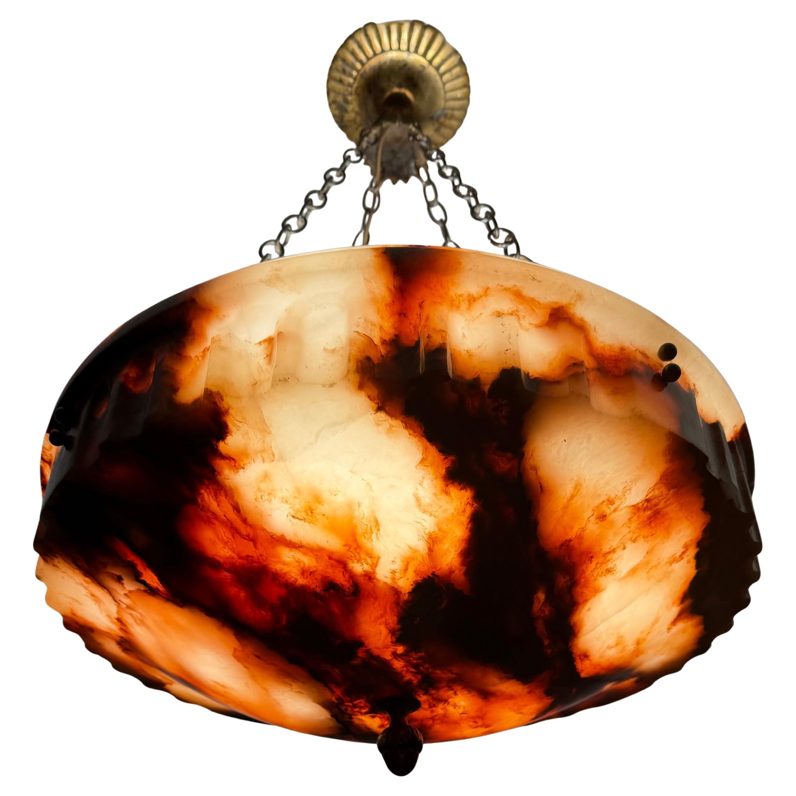 Large D 19.5Ø" Antique Alabaster Pendant Light with Rare Flameboyant Color Shade