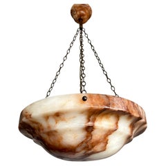Groß D 19.7Ø" Antike Alabaster Pendelleuchte mit seltenem Flammenboyant-Farbschirm
