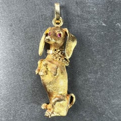 Large Dachshund Dog 18K Yellow White Gold Ruby Charm Pendant