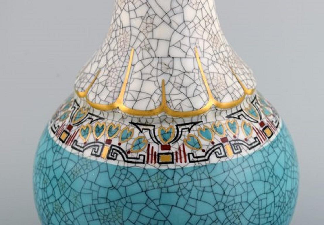 Art Deco Large Dahl Jensen Vase in Crackle Porcelain with Gold and Turquoise Decoration