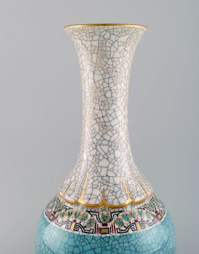 Danish Large Dahl Jensen Vase in Crackle Porcelain with Gold and Turquoise Decoration