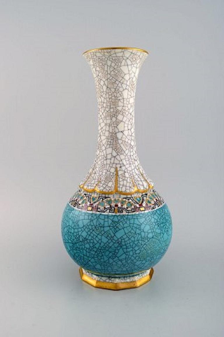 Large Dahl Jensen Vase in Crackle Porcelain with Gold and Turquoise Decoration In Excellent Condition In Copenhagen, DK