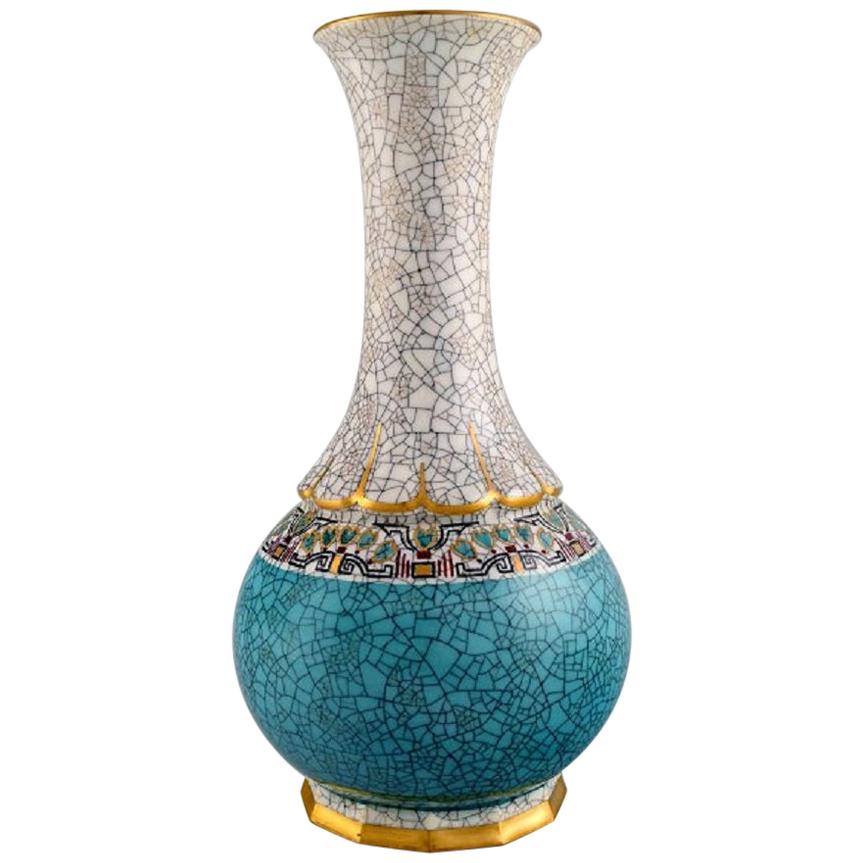 Large Dahl Jensen Vase in Crackle Porcelain with Gold and Turquoise Decoration