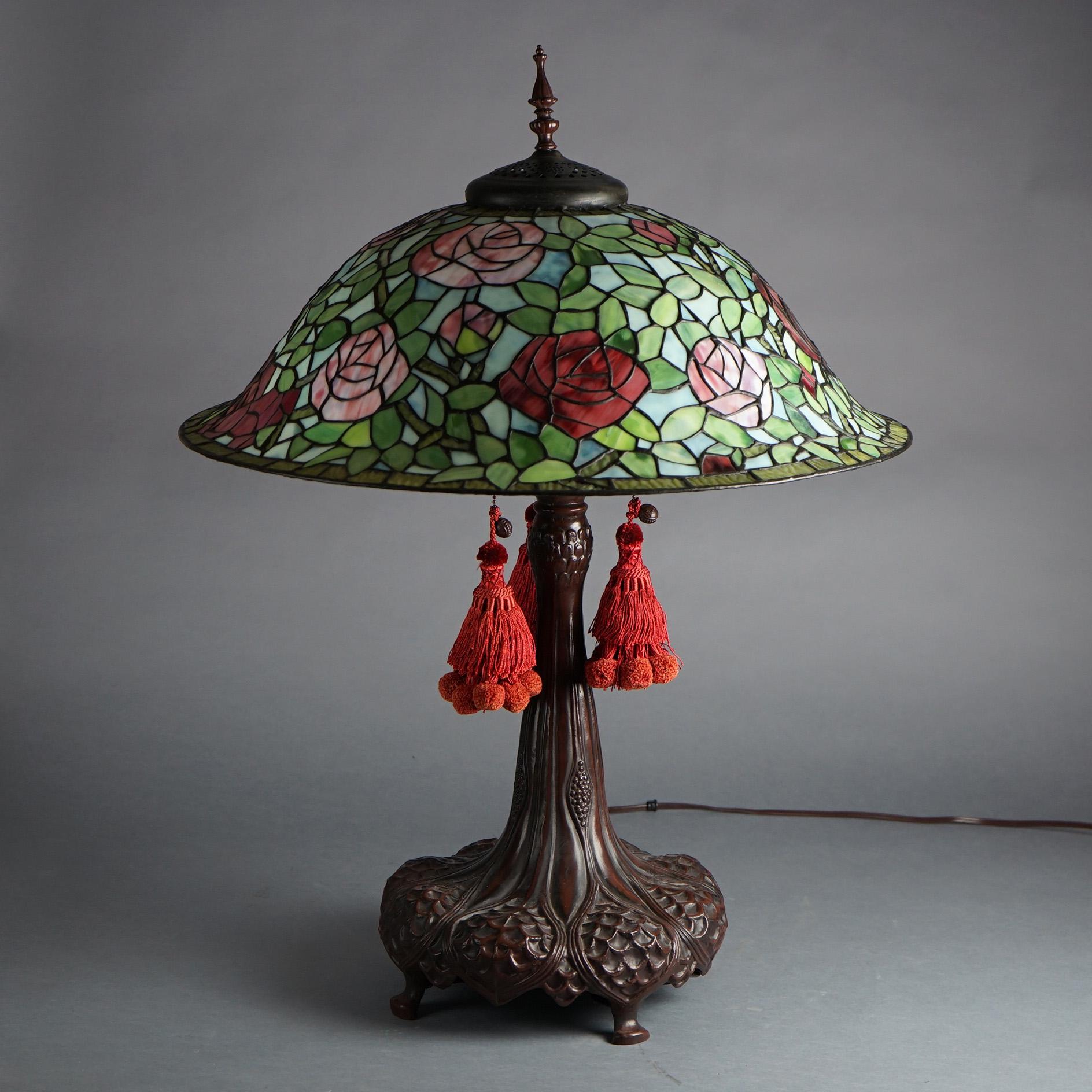 Large Dale Tiffany Museum Rose Bush Leaded Glass Table Lamp 20thC 7
