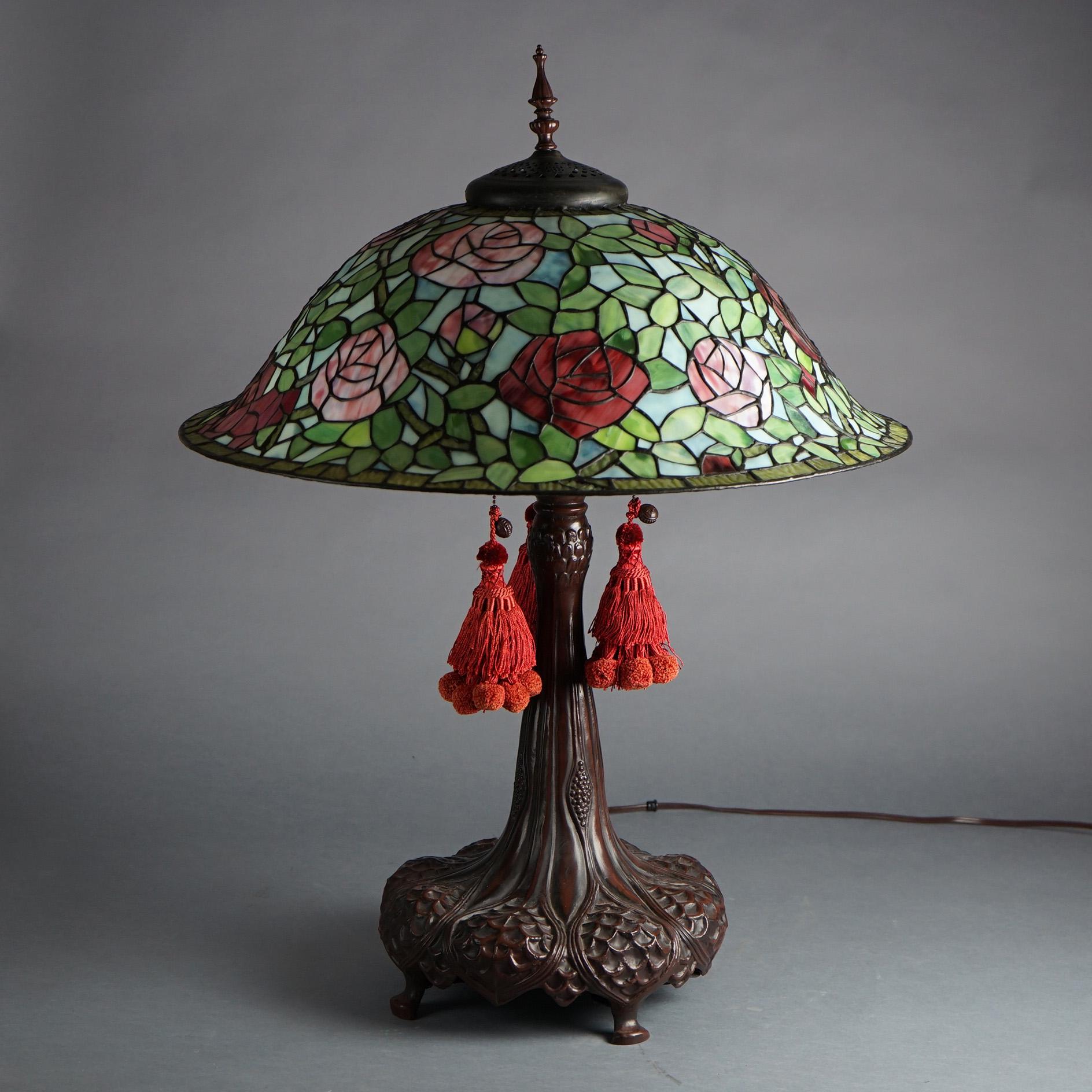 Large Dale Tiffany Museum Rose Bush Leaded Glass Table Lamp 20thC 4