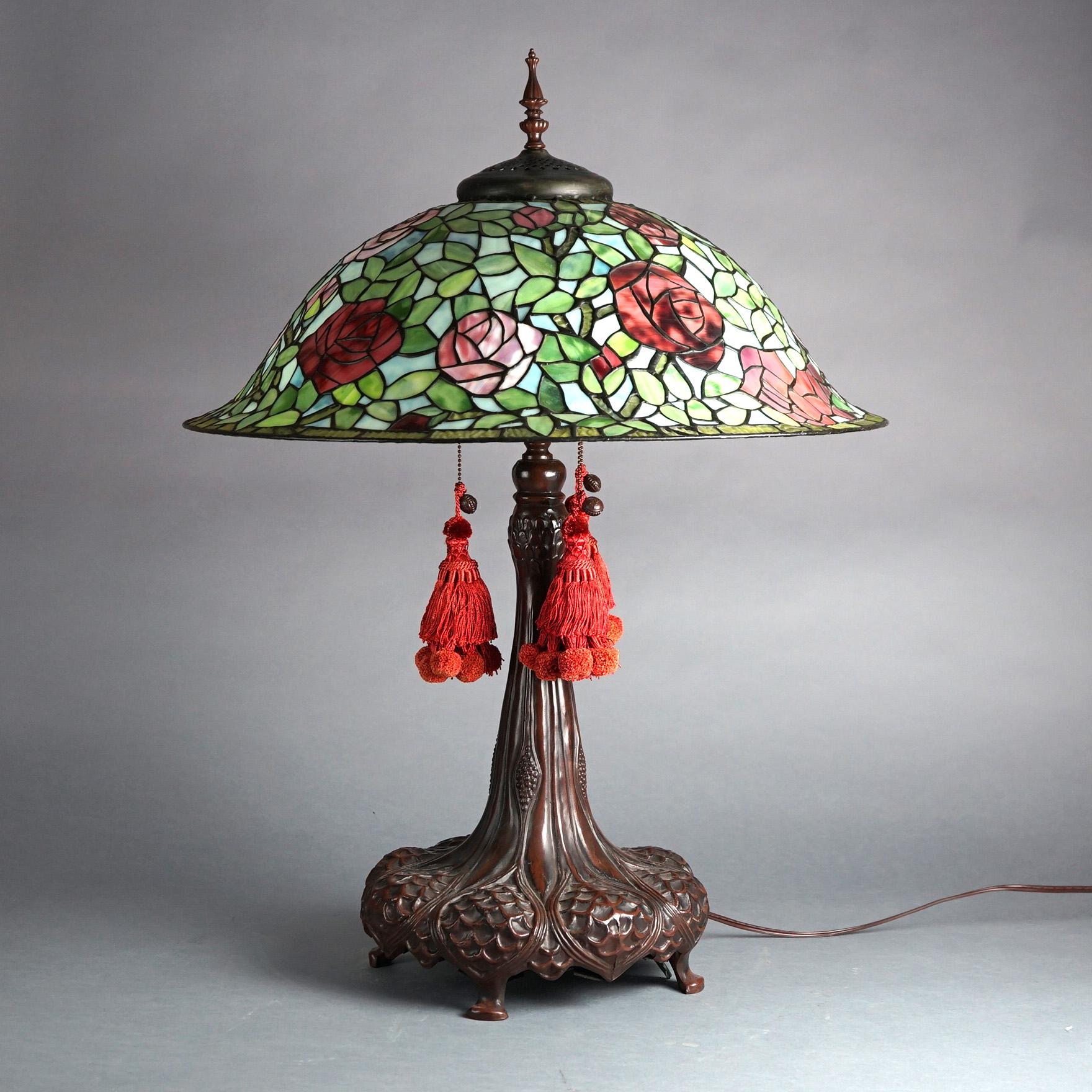 American Large Dale Tiffany Museum Rose Bush Leaded Glass Table Lamp 20thC