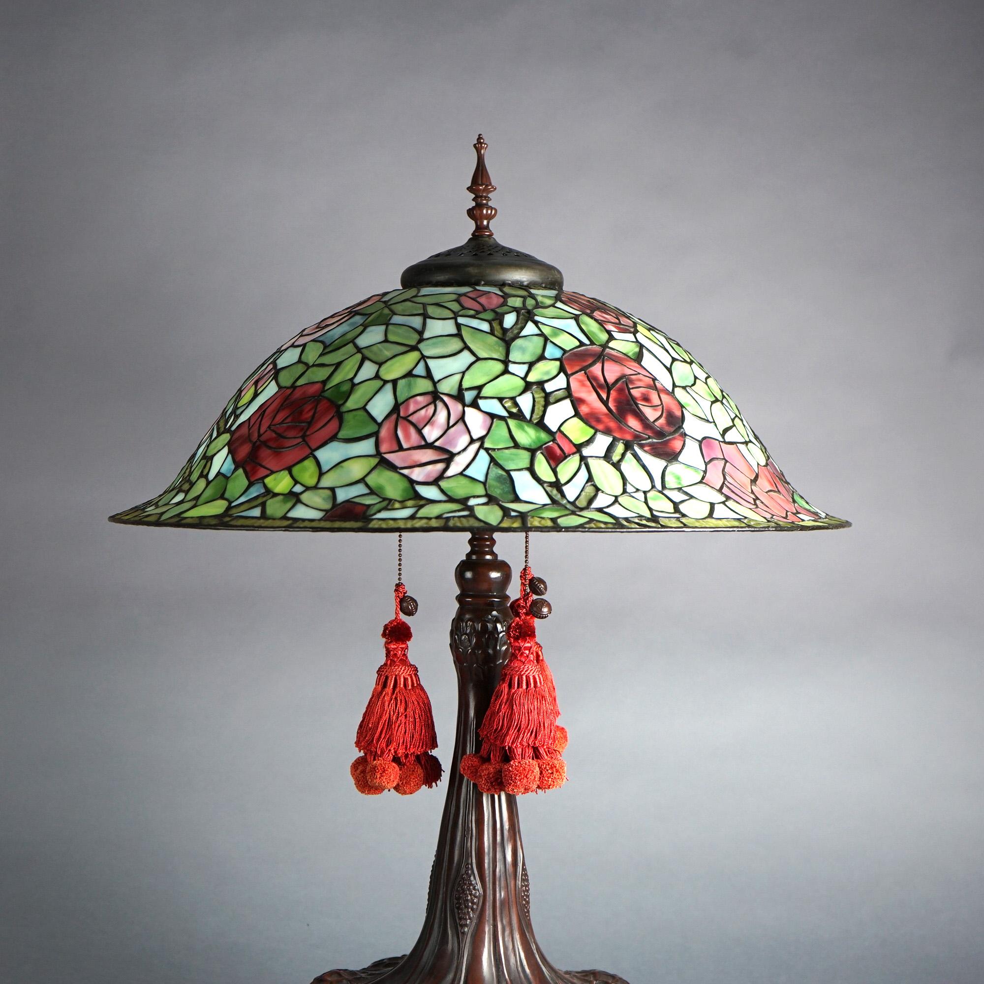 Arts and Crafts Large Dale Tiffany Museum Rose Bush Leaded Glass Table Lamp 20thC