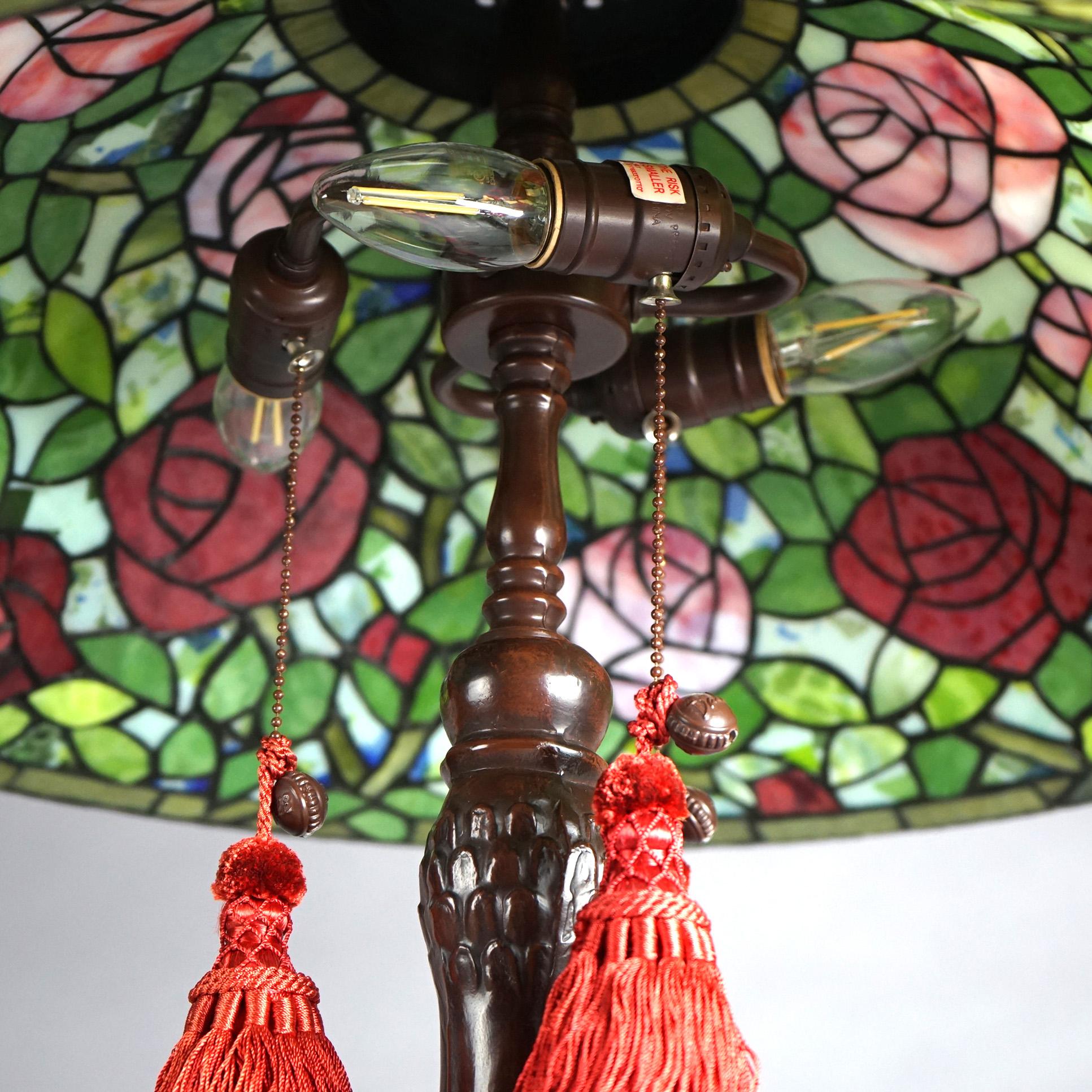 American Large Dale Tiffany Museum Rose Bush Leaded Glass Table Lamp 20thC