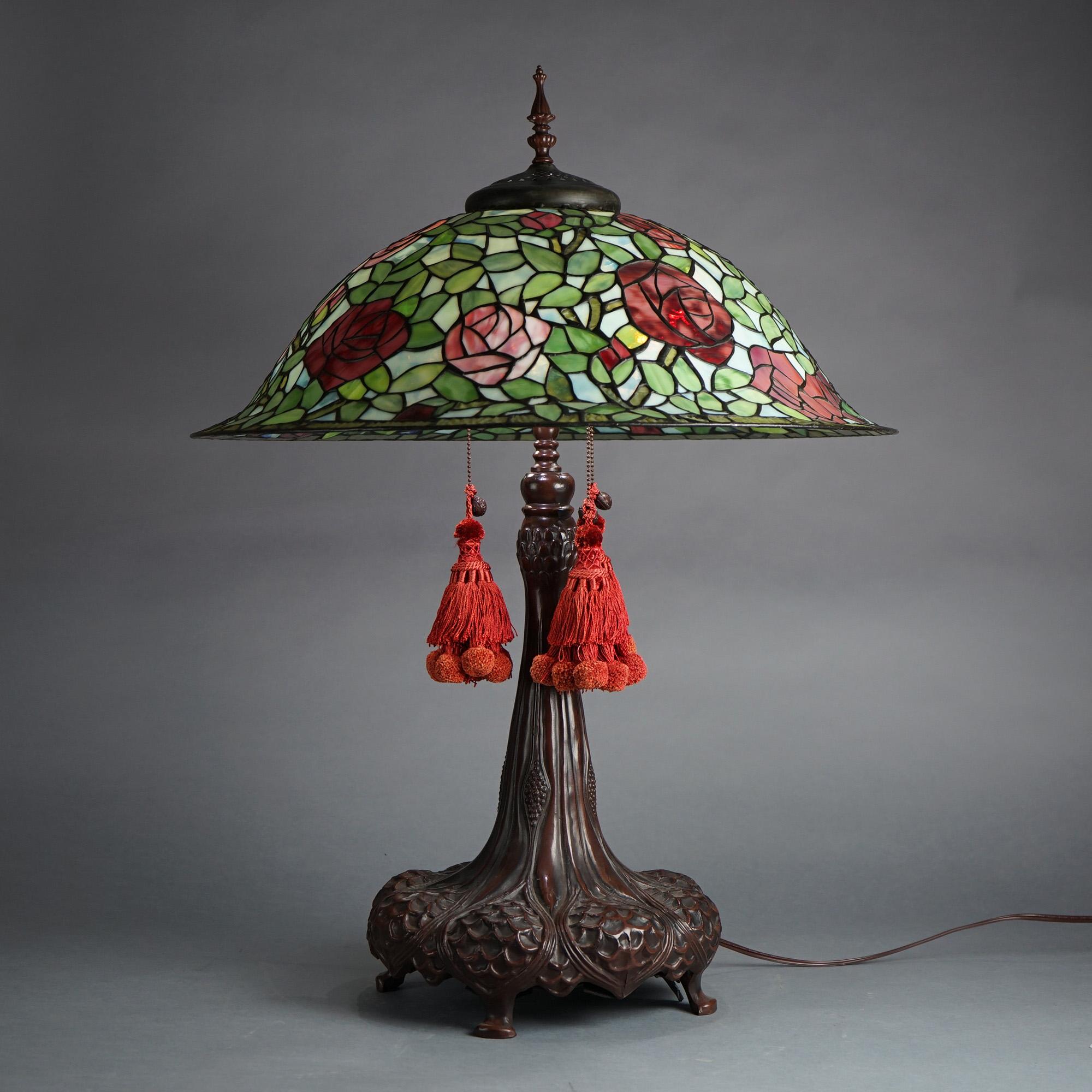 Cast Large Dale Tiffany Museum Rose Bush Leaded Glass Table Lamp 20thC