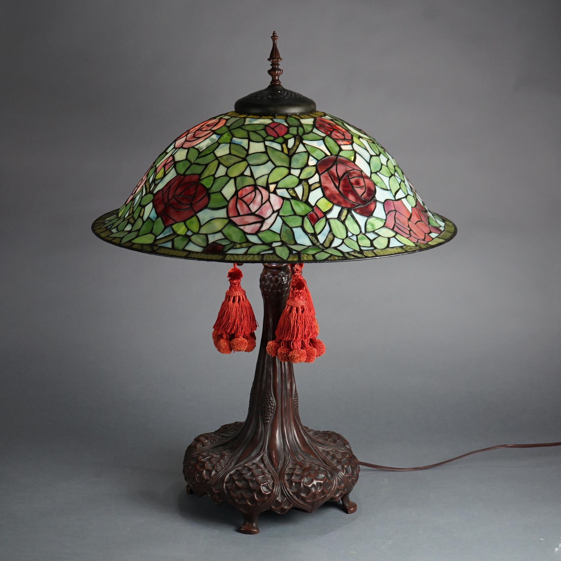 Large Dale Tiffany Museum Rose Bush Leaded Glass Table Lamp 20thC 1